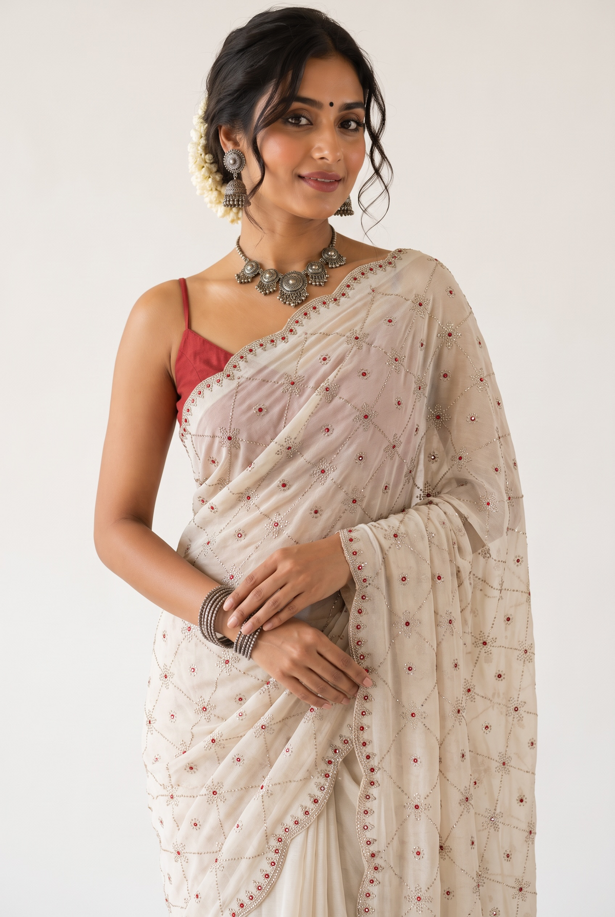 Beige Sheer Organza Saree with Crystal Cutwork Border & Ruby Accents
