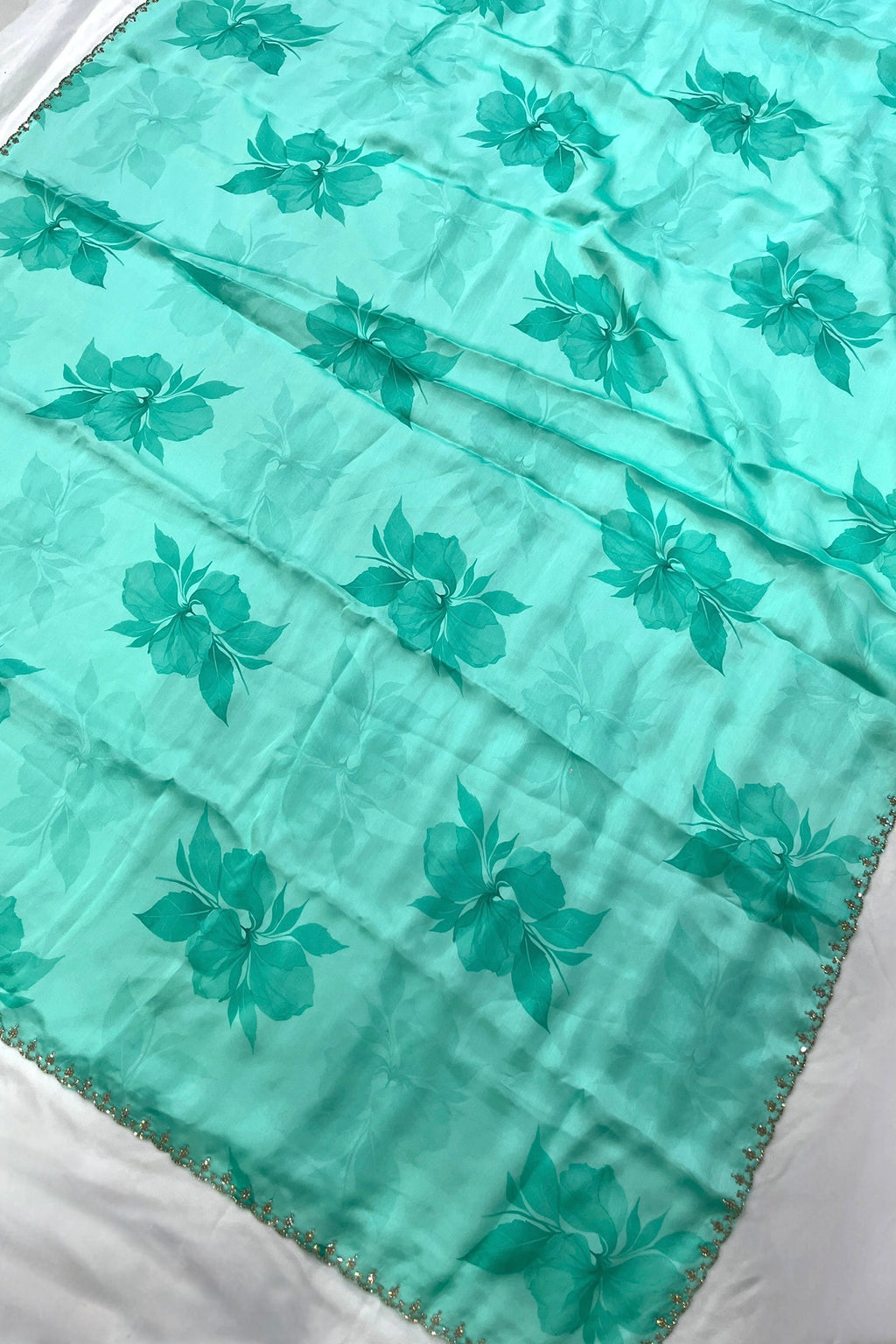 Mint / Sea Green Printed Floral Organza Saree with Embroidered Peacock Blouse