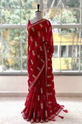 Crimson Red Zari Embroidered Silk Georgette Saree