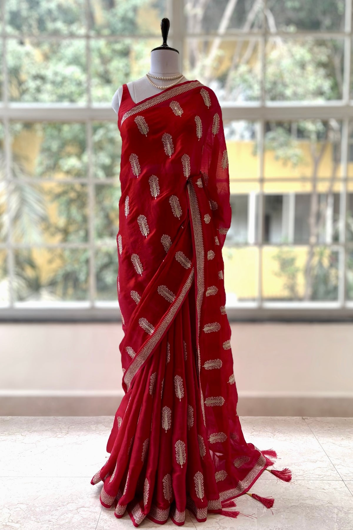 Crimson Red Zari Embroidered Silk Georgette Saree