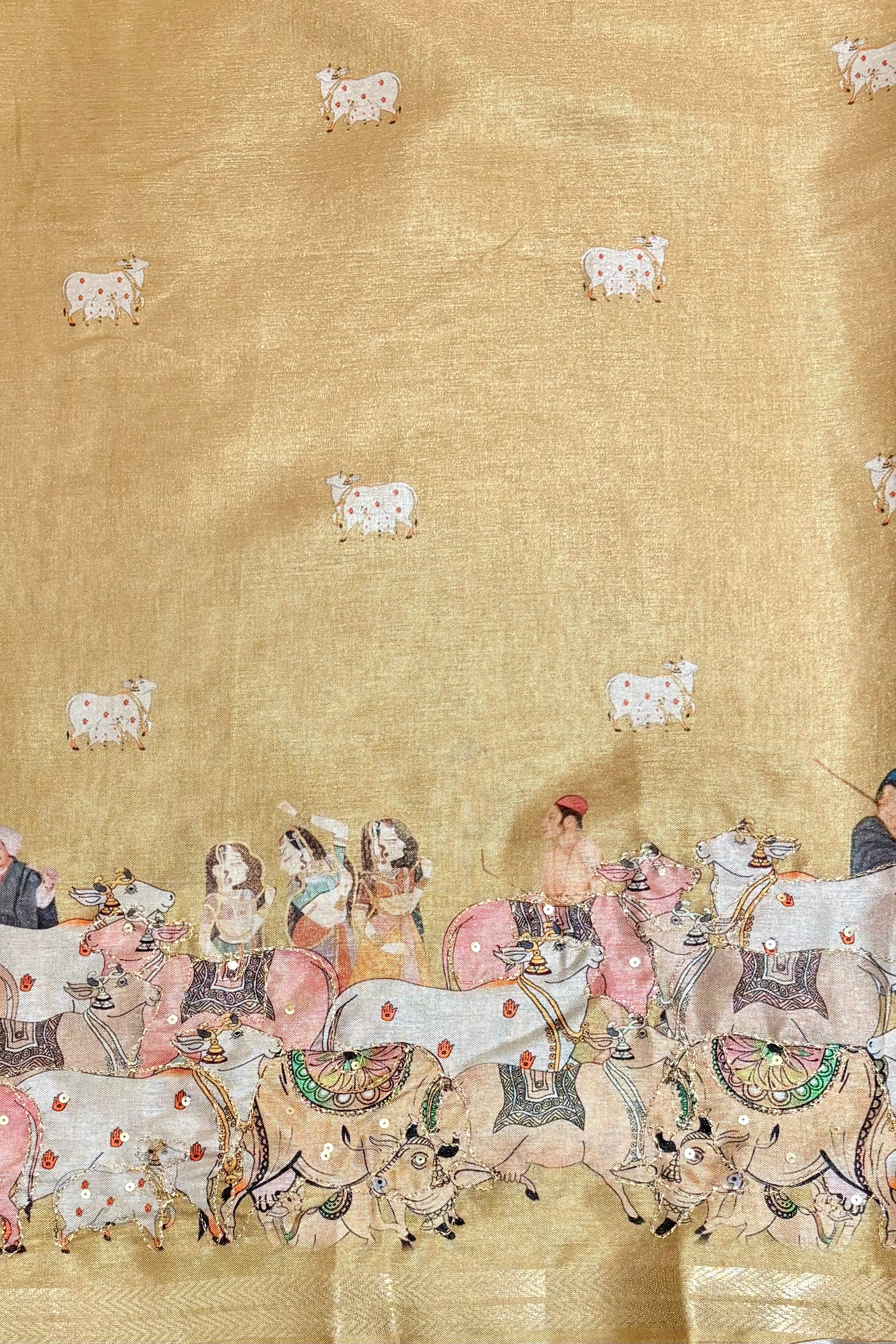 Golden Beige Pichwai Art Tussar Silk Saree