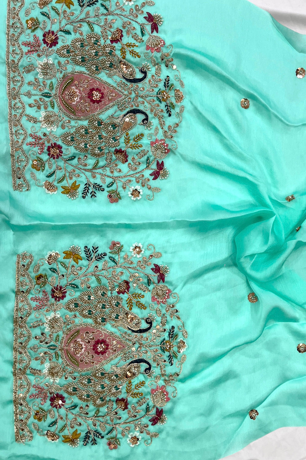 Mint / Sea Green Printed Floral Organza Saree with Embroidered Peacock Blouse