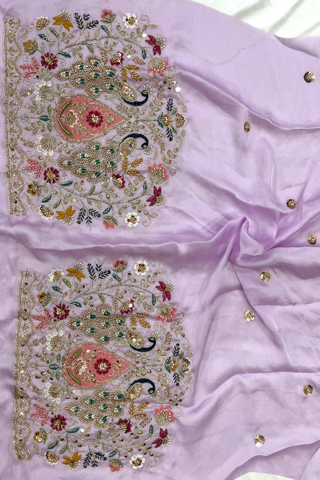 Lilac Floral printed Organza Saree with Embroidered Peacock Blouse
