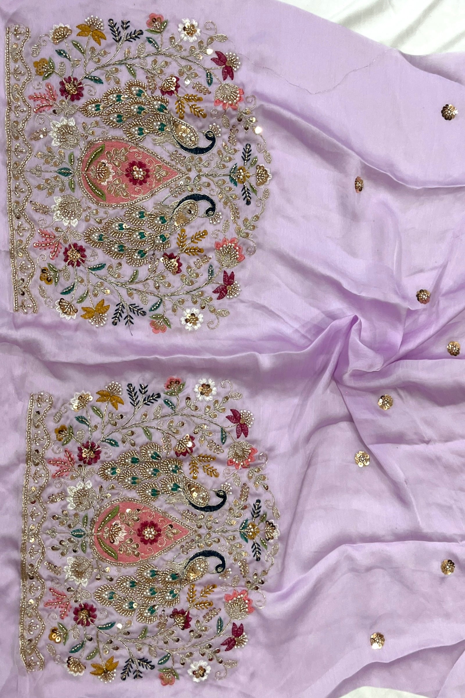 Lilac Floral printed Organza Saree with Embroidered Peacock Blouse