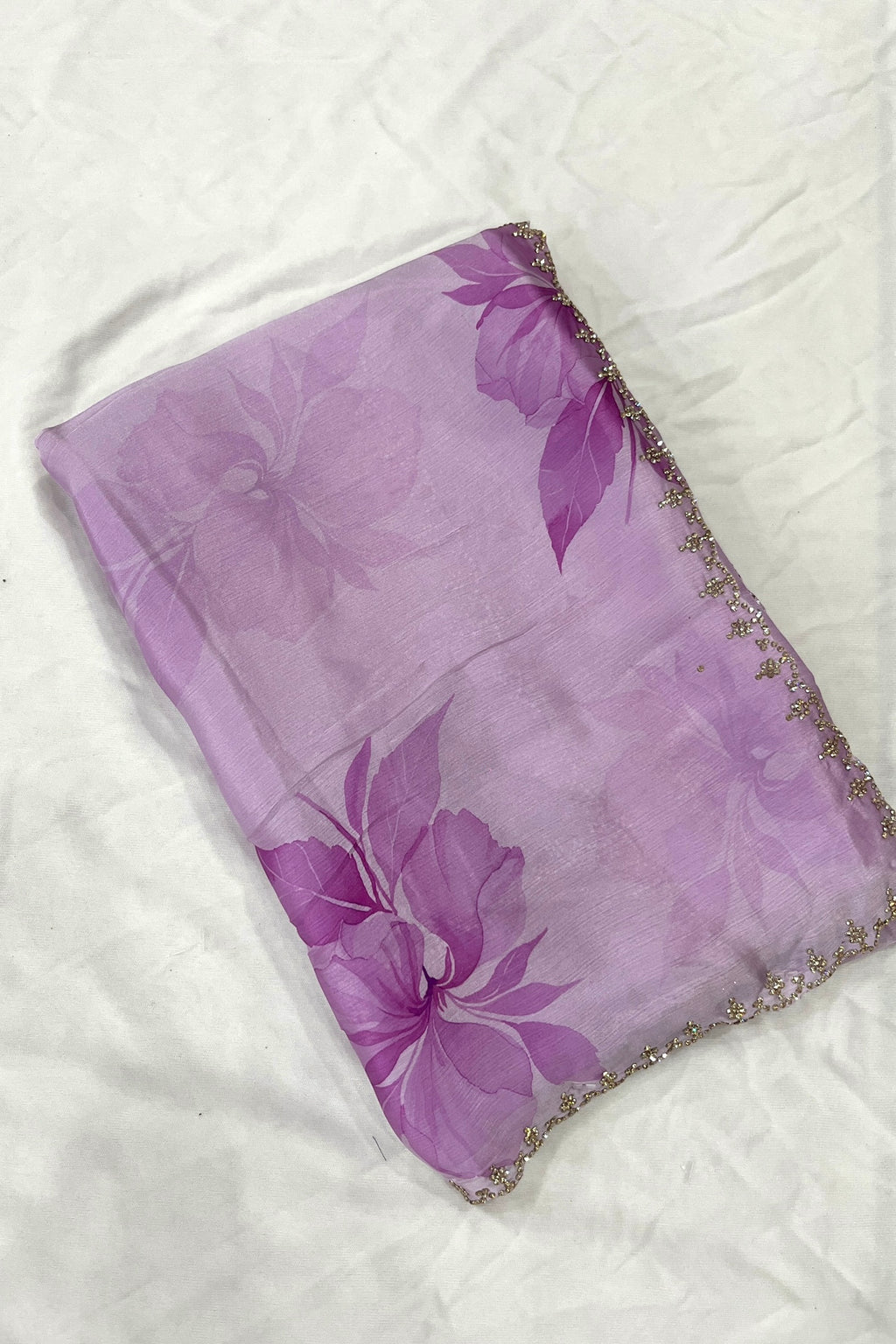 Lilac Floral printed Organza Saree with Embroidered Peacock Blouse