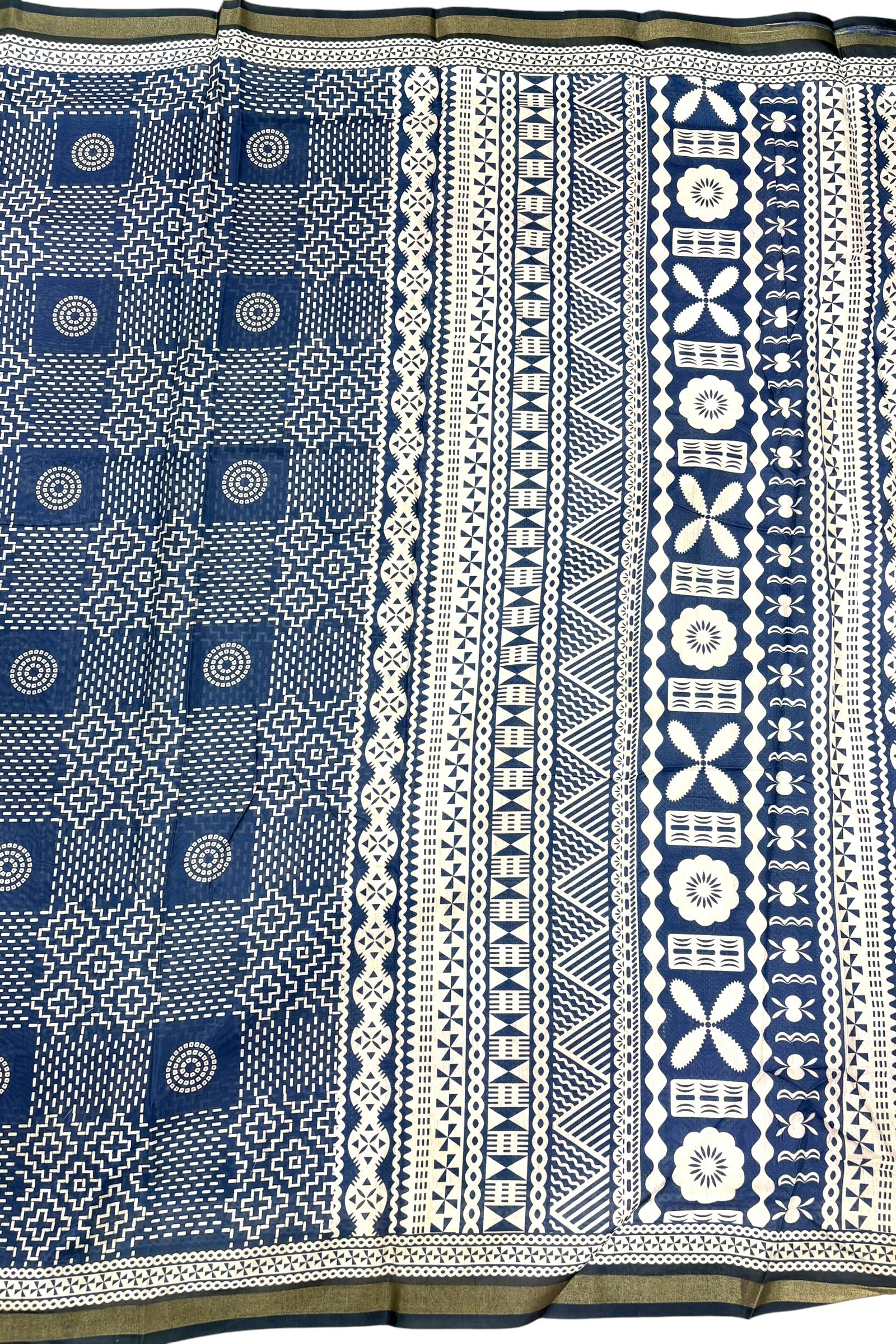 Indigo Blue Ajrakh Block Printed Saree with Zari Border