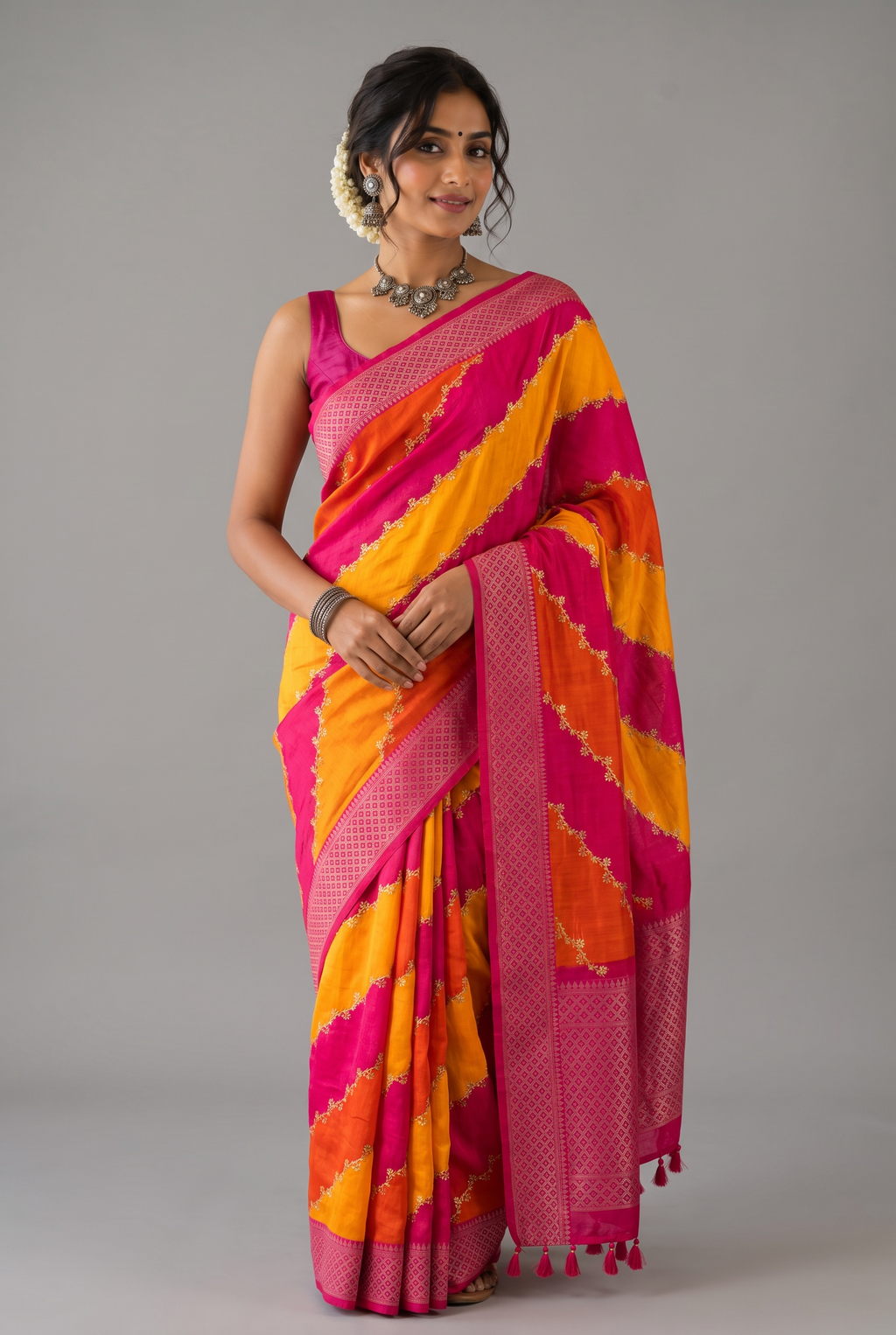Rani Pink & Sunset Yellow Leheriya Saree with Woven Zari Border
