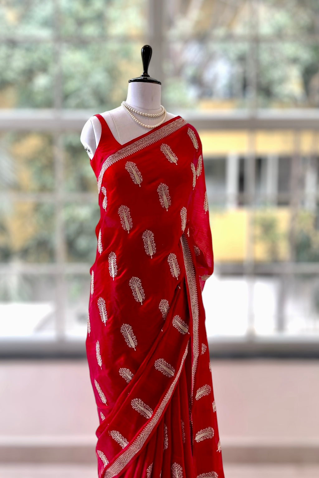 Crimson Red Zari Embroidered Silk Georgette Saree