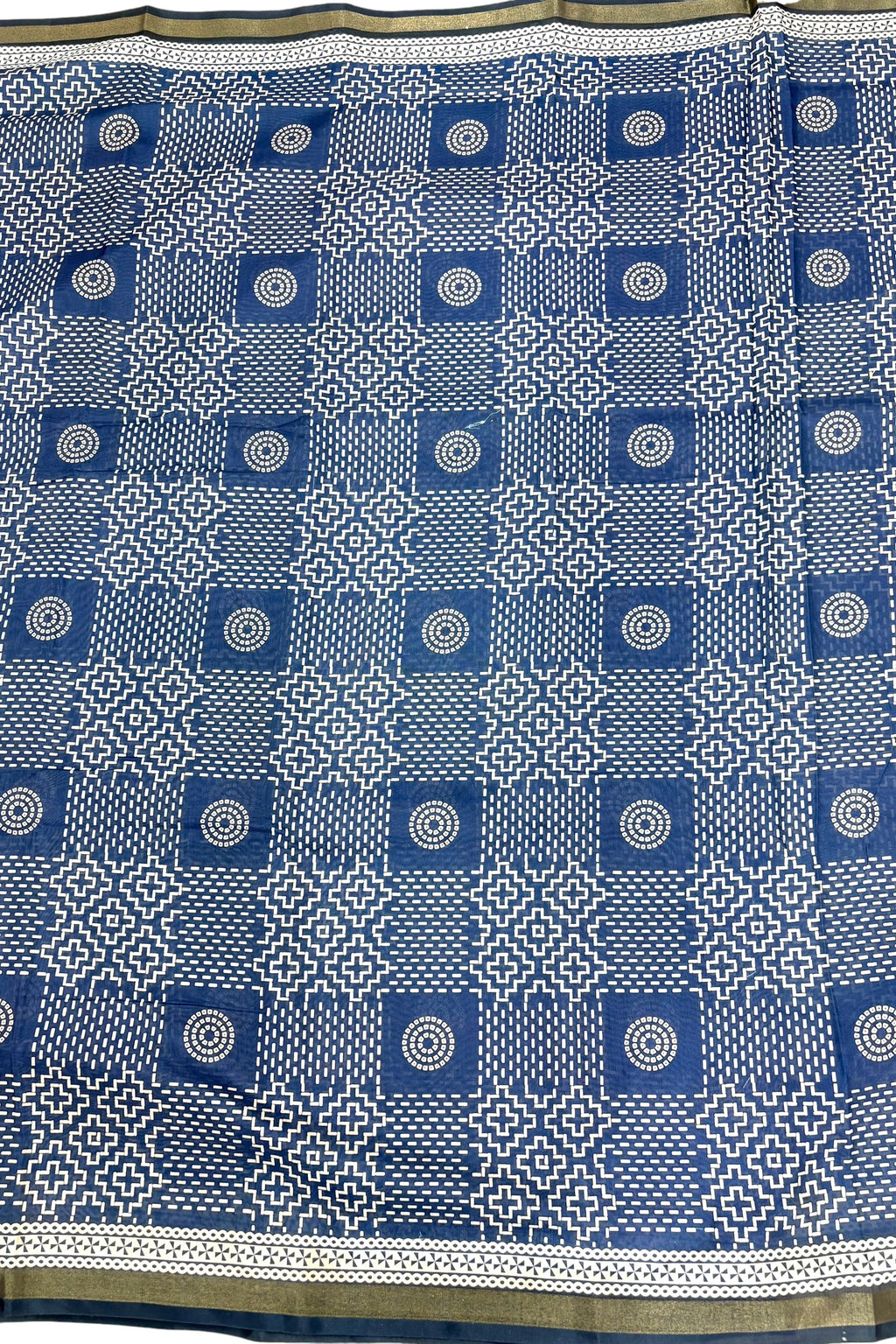 Indigo Blue Ajrakh Block Printed Saree with Zari Border