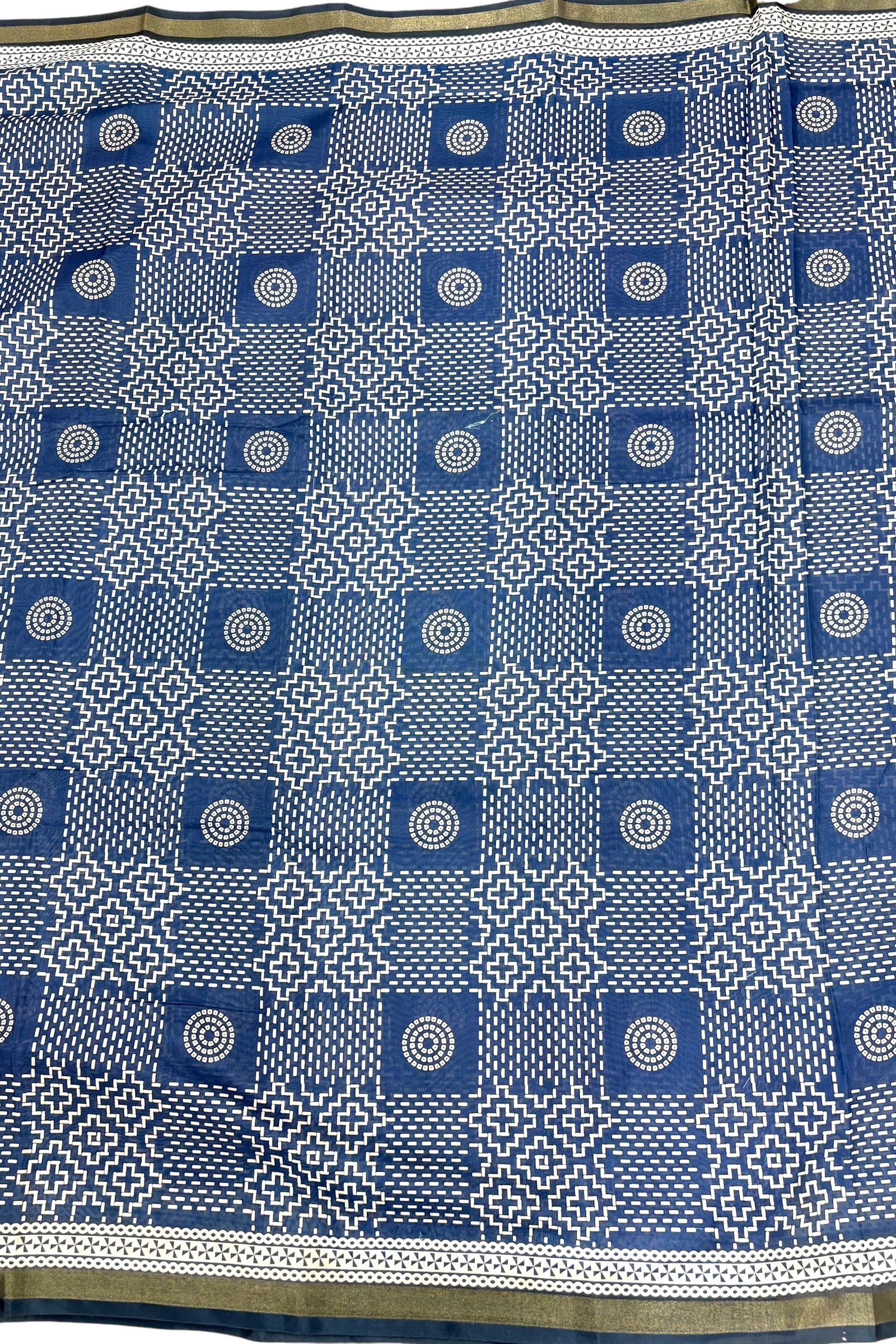 Indigo Blue Ajrakh Block Printed Saree with Zari Border
