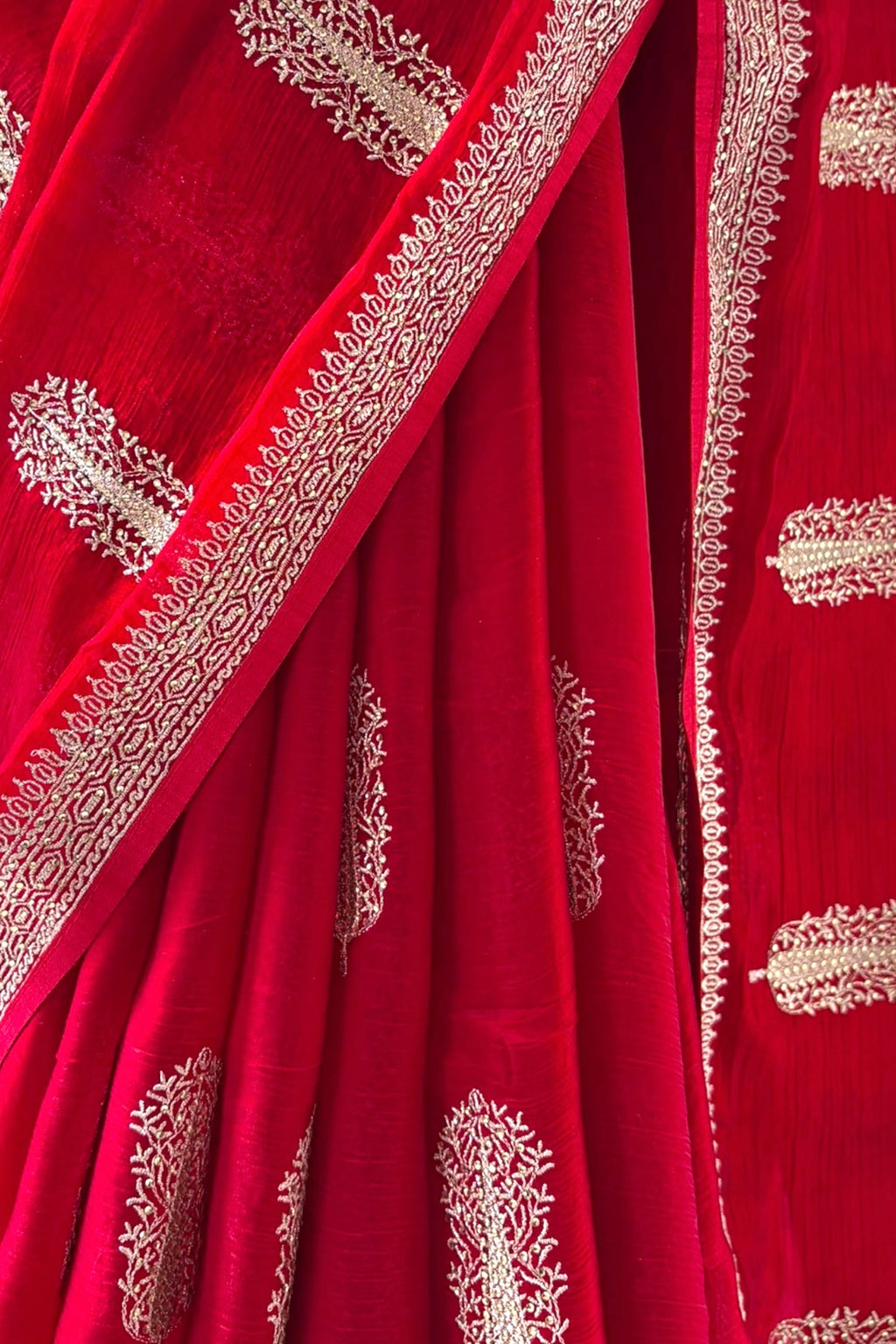 Crimson Red Zari Embroidered Silk Georgette Saree