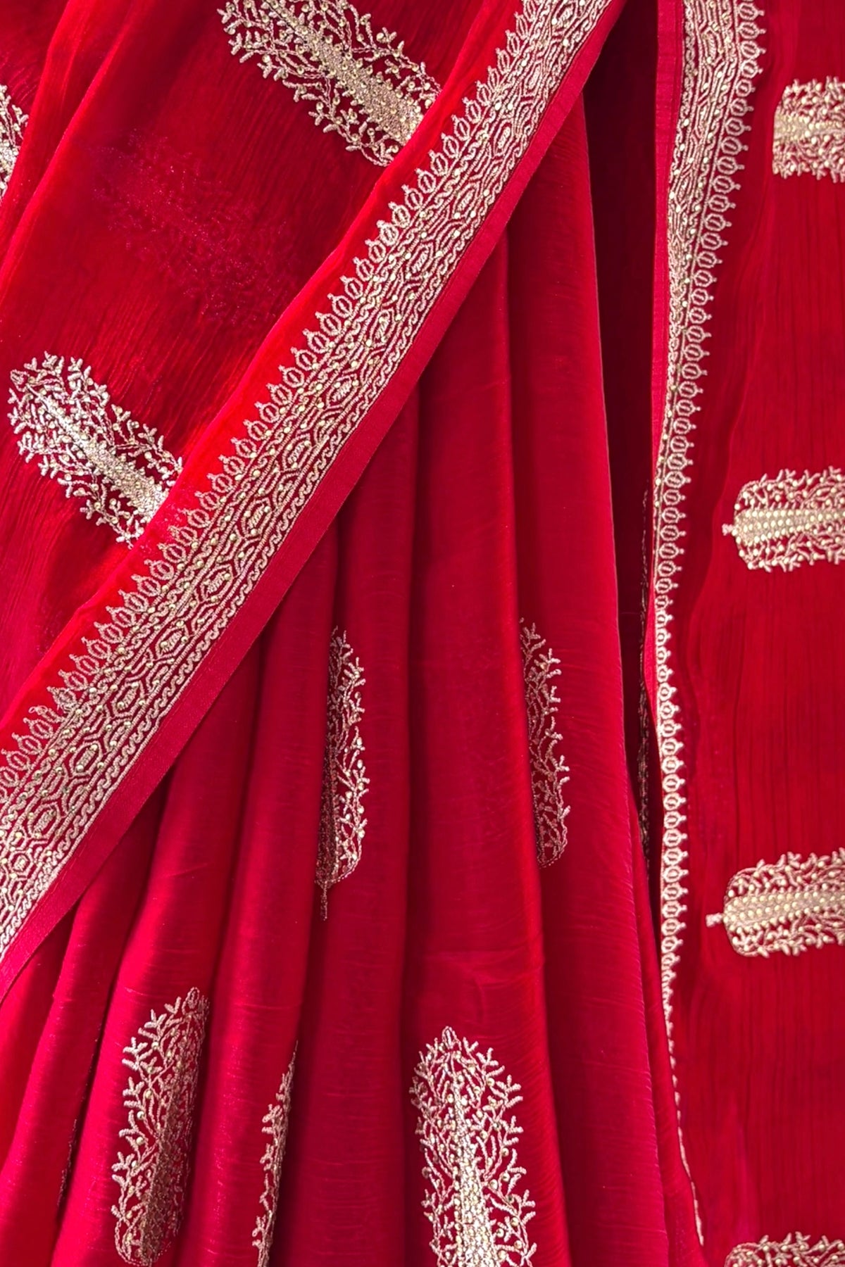 Crimson Red Zari Embroidered Silk Georgette Saree