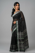 Midnight Elegance: Black Handloom Saree with Silver Zari & Geometric Pallu