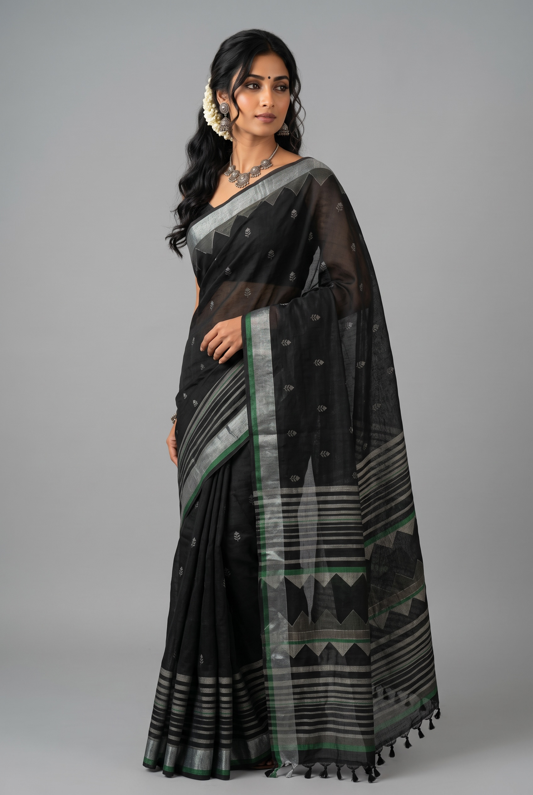 Midnight Elegance: Black Handloom Saree with Silver Zari & Geometric Pallu