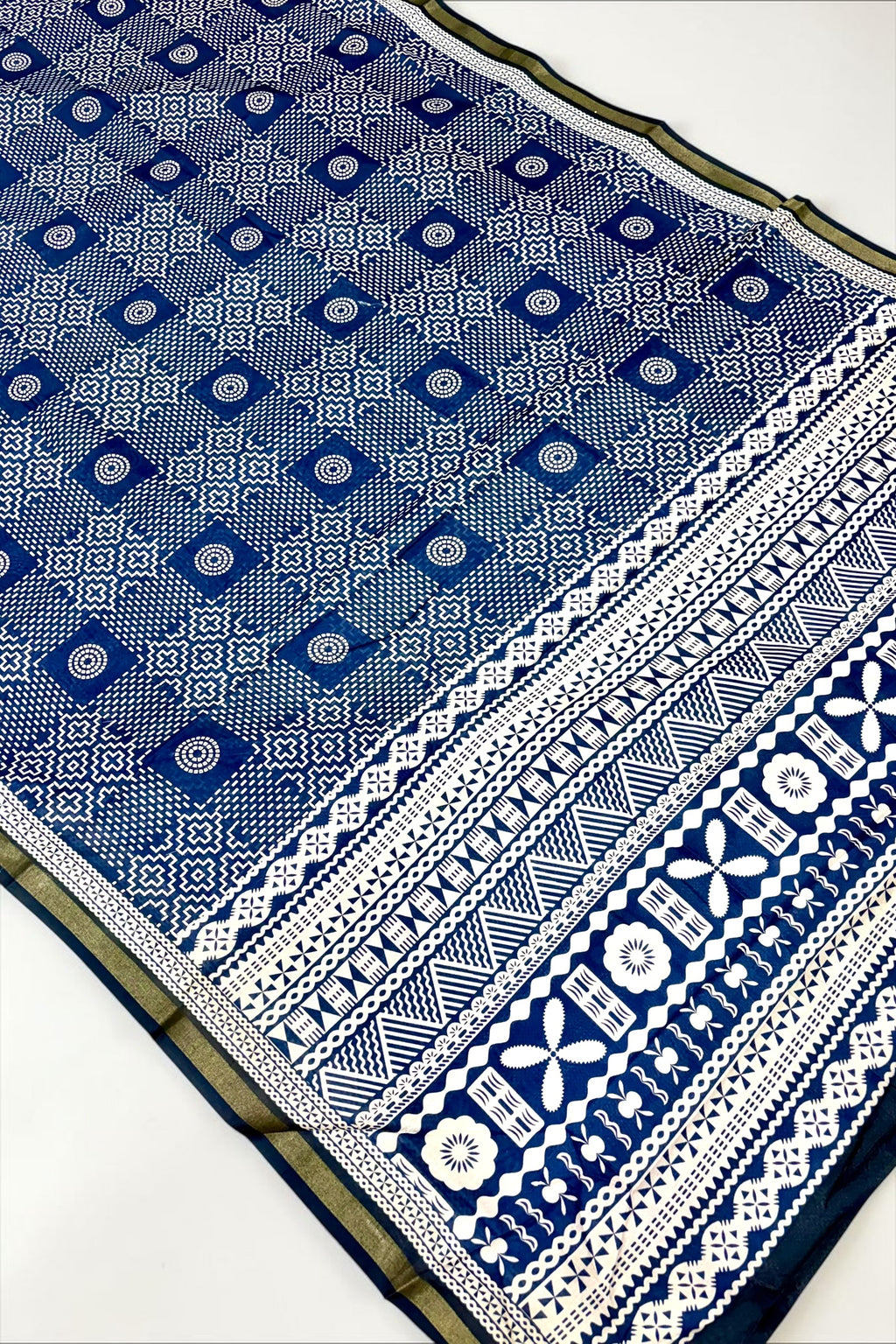 Indigo Blue Ajrakh Block Printed Saree with Zari Border