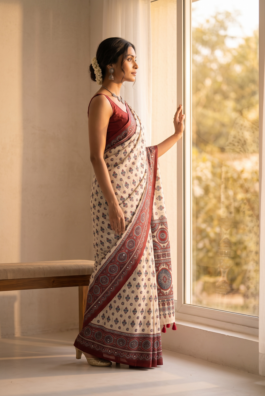 Heritage Charm: Off-White Ajrakh Print Modal Cotton Saree with Mirror Work Accent