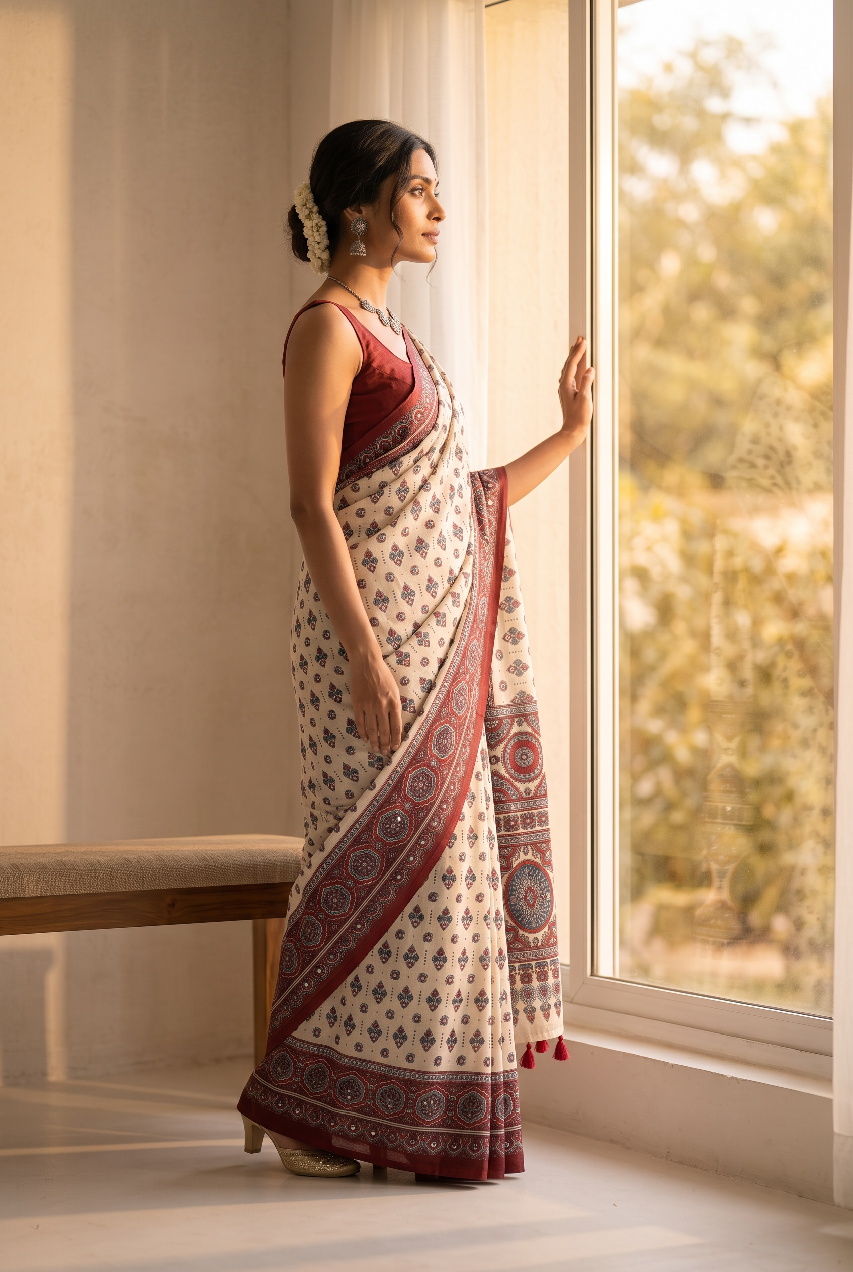 Heritage Charm: Off-White Ajrakh Print Modal Cotton Saree with Mirror Work Accent