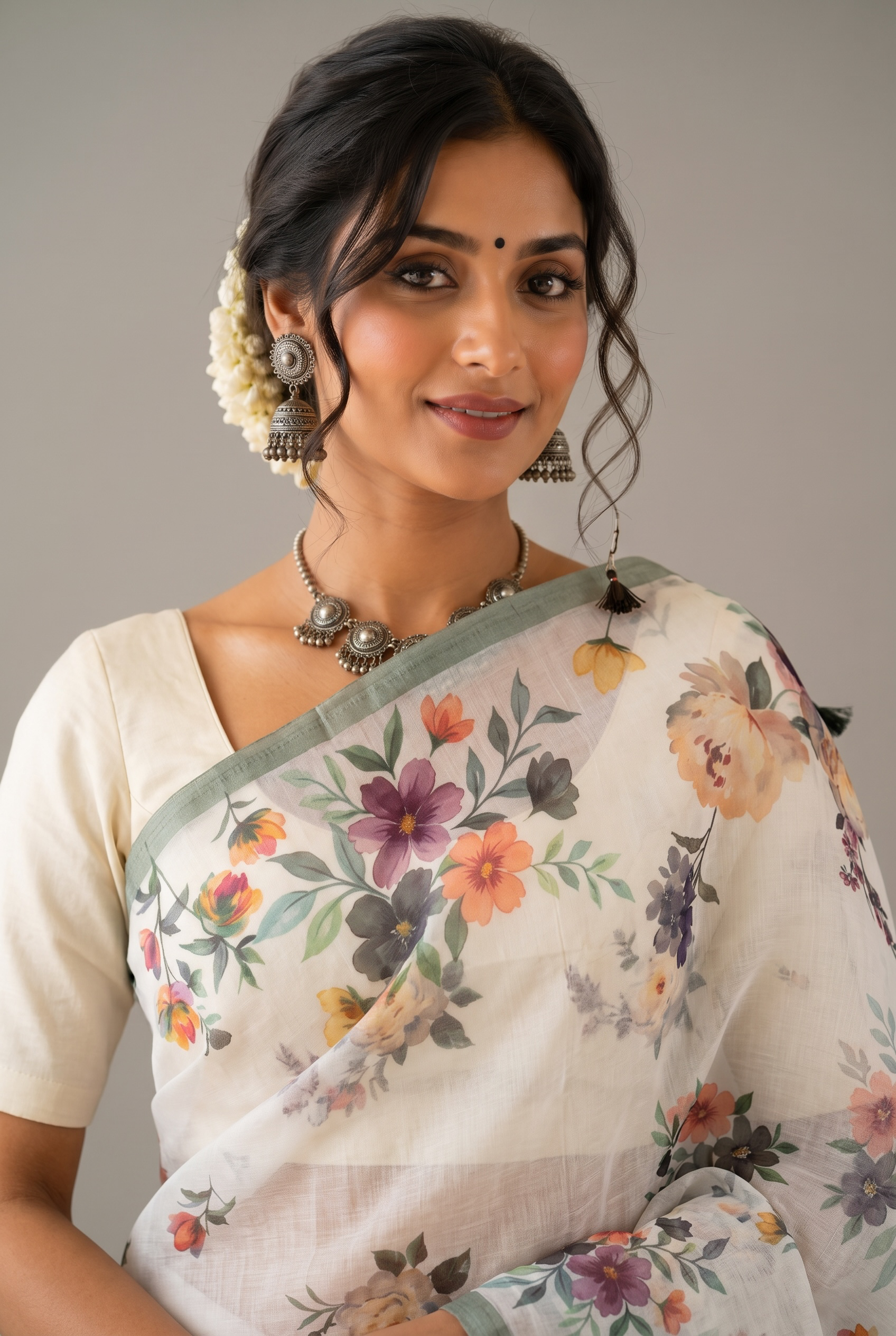 Ivory Bloom: Sheer Floral Organza Saree