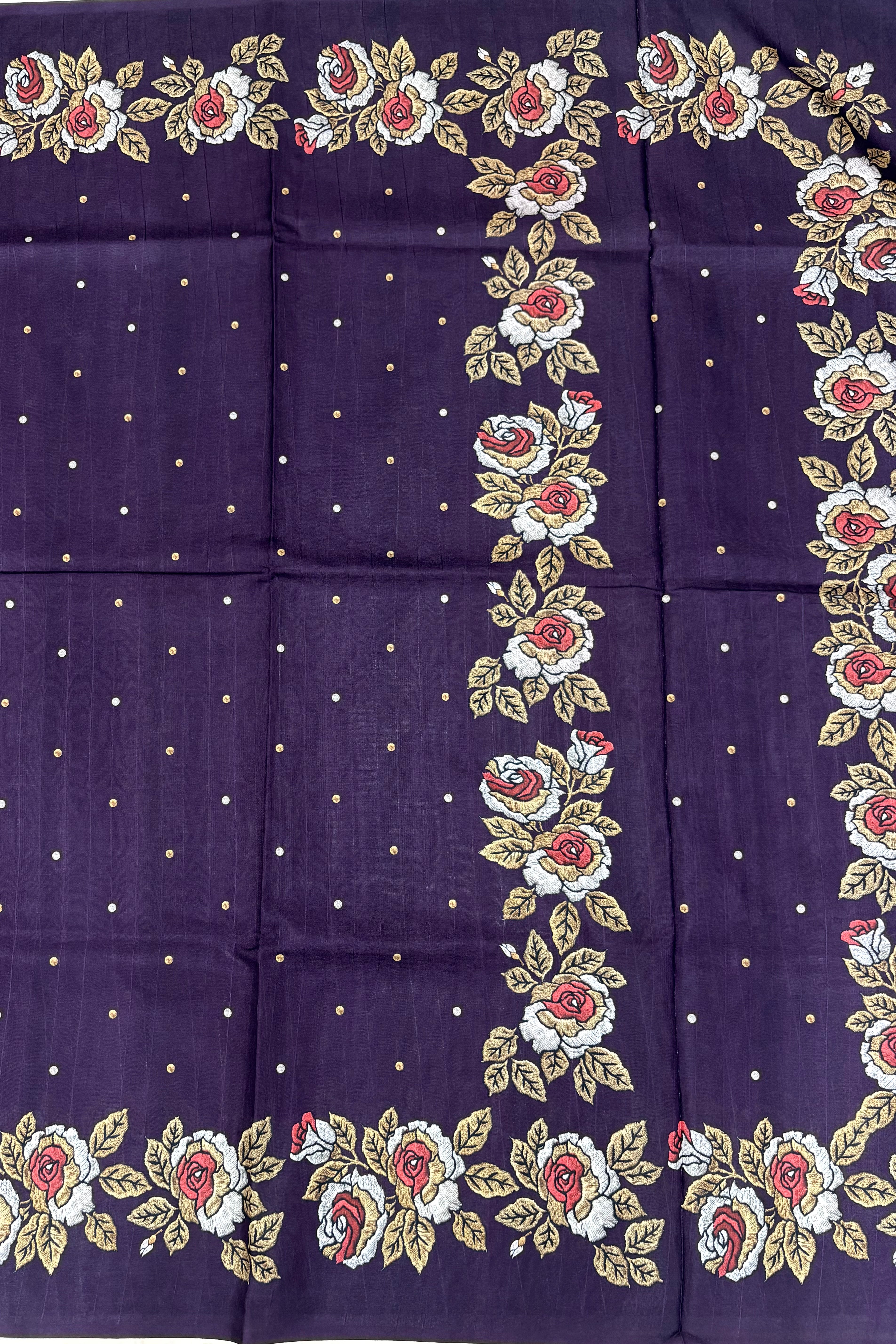Deep Purple Silk-Blend Saree with Floral Rose Weave & Gold Butti Accent
