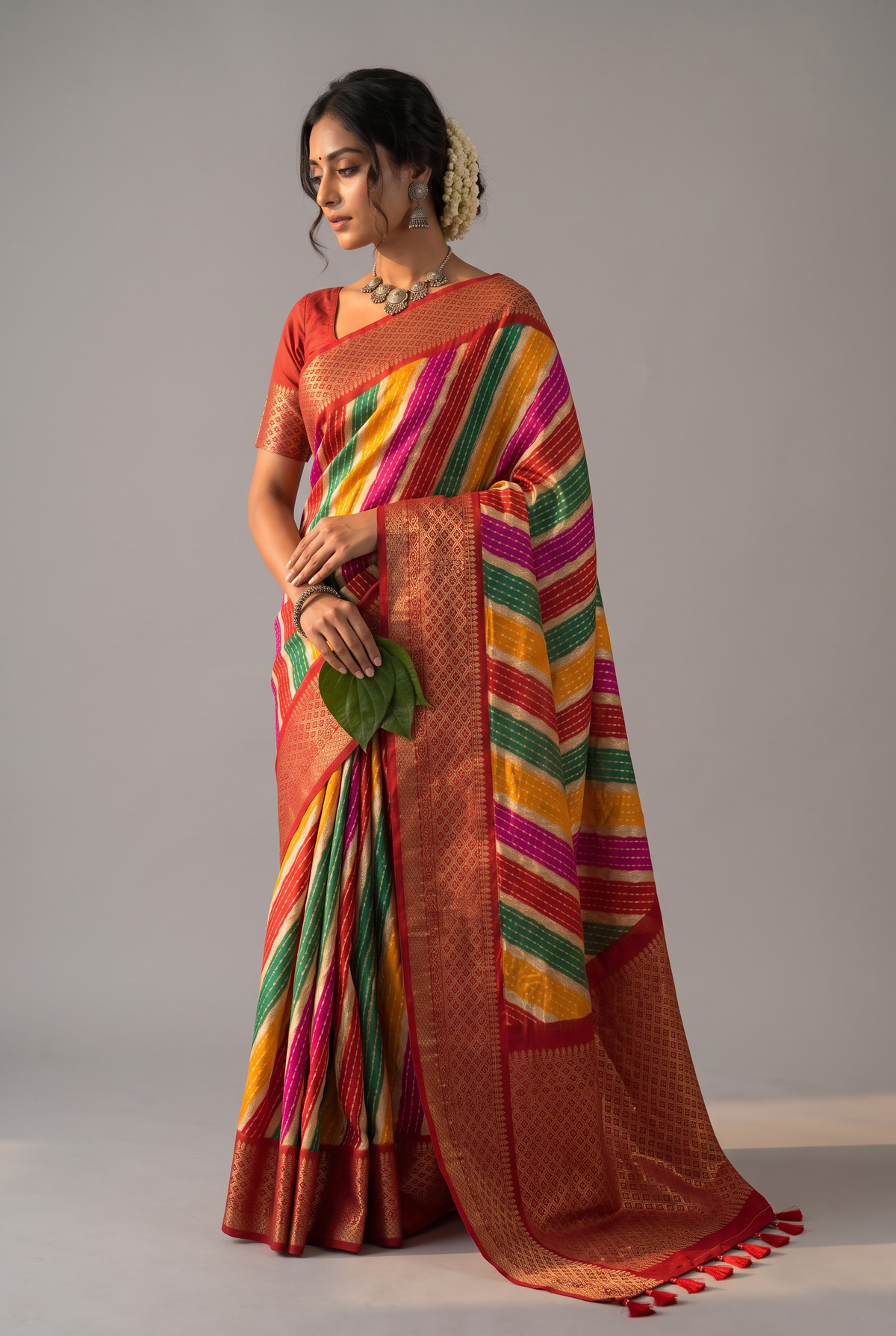 Multicolor Leheriya Saree with Woven Zari Border & Tassels