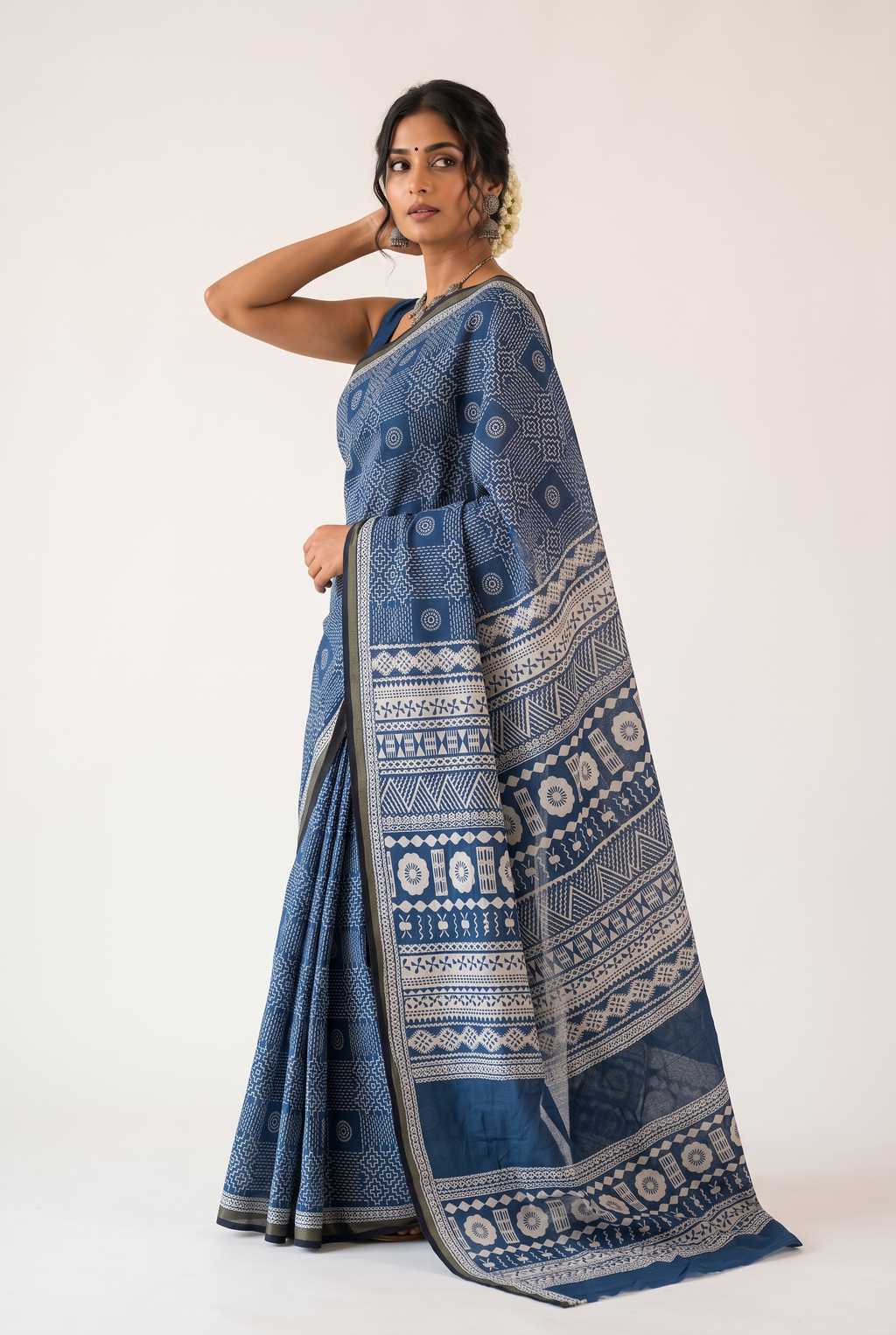 Indigo Blue Ajrakh Block Printed Saree with Zari Border