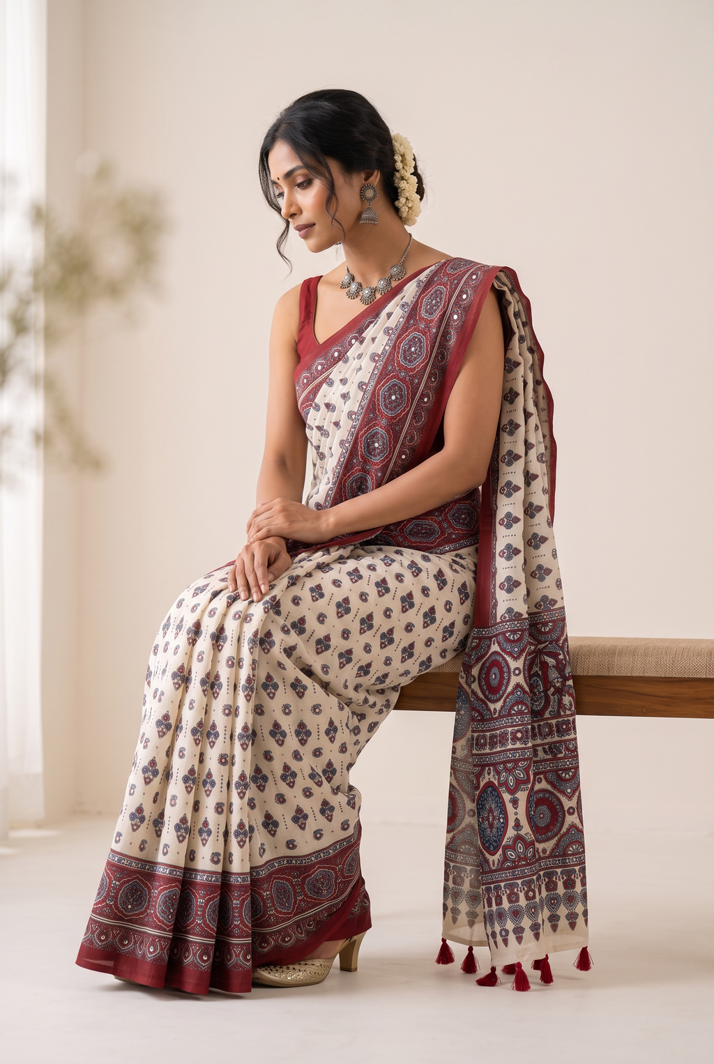 Heritage Charm: Off-White Ajrakh Print Modal Cotton Saree with Mirror Work Accent
