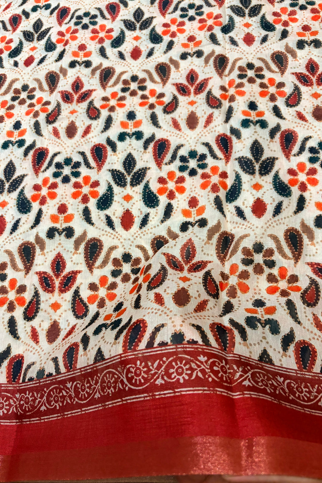 Beige and Rust Kalamkari Printed Cotton Saree