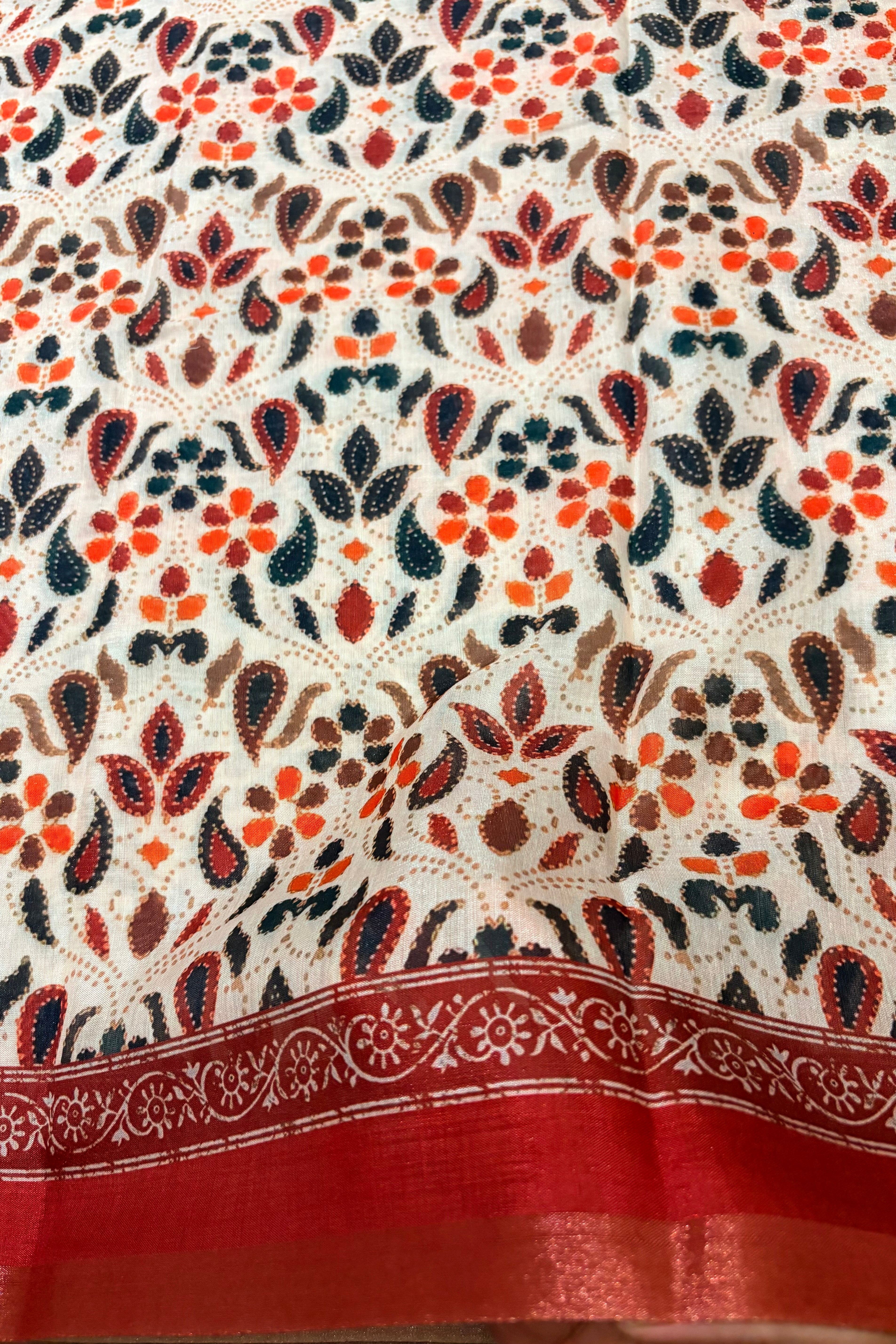 Beige and Rust Kalamkari Printed Cotton Saree