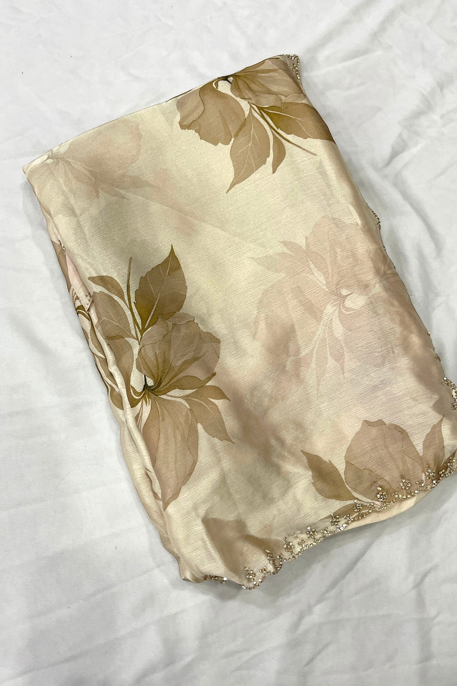 Off-White Floral Print Organza Saree with Embroidered Peacock Blouse