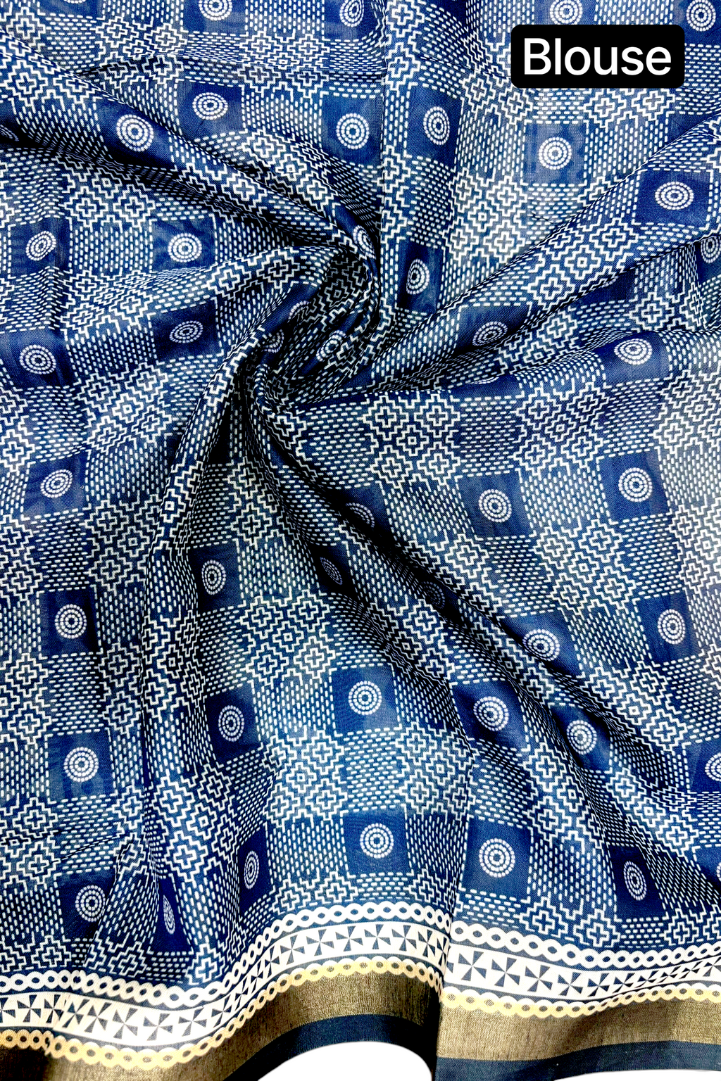 Indigo Blue Ajrakh Block Printed Saree with Zari Border