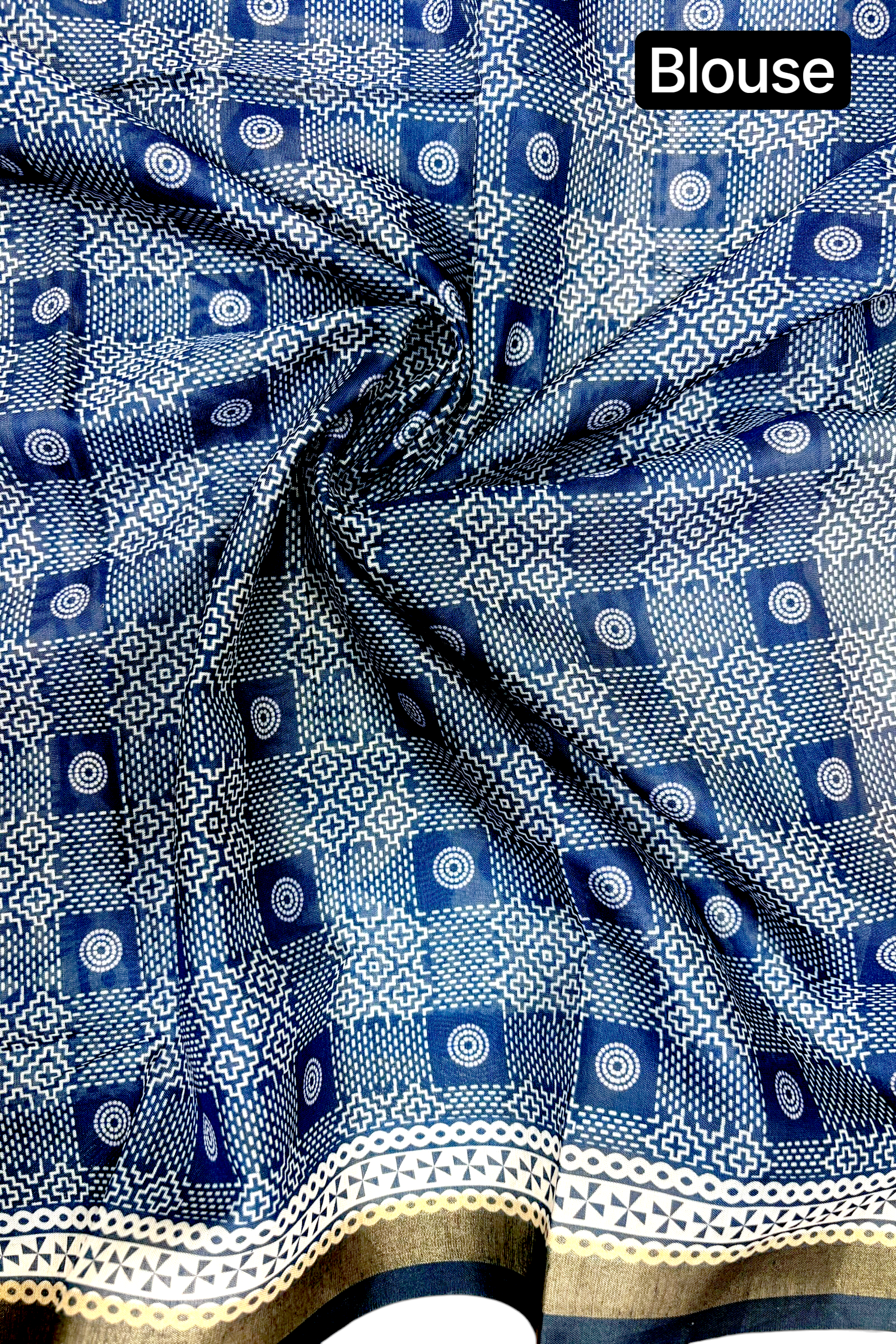 Indigo Blue Ajrakh Block Printed Saree with Zari Border