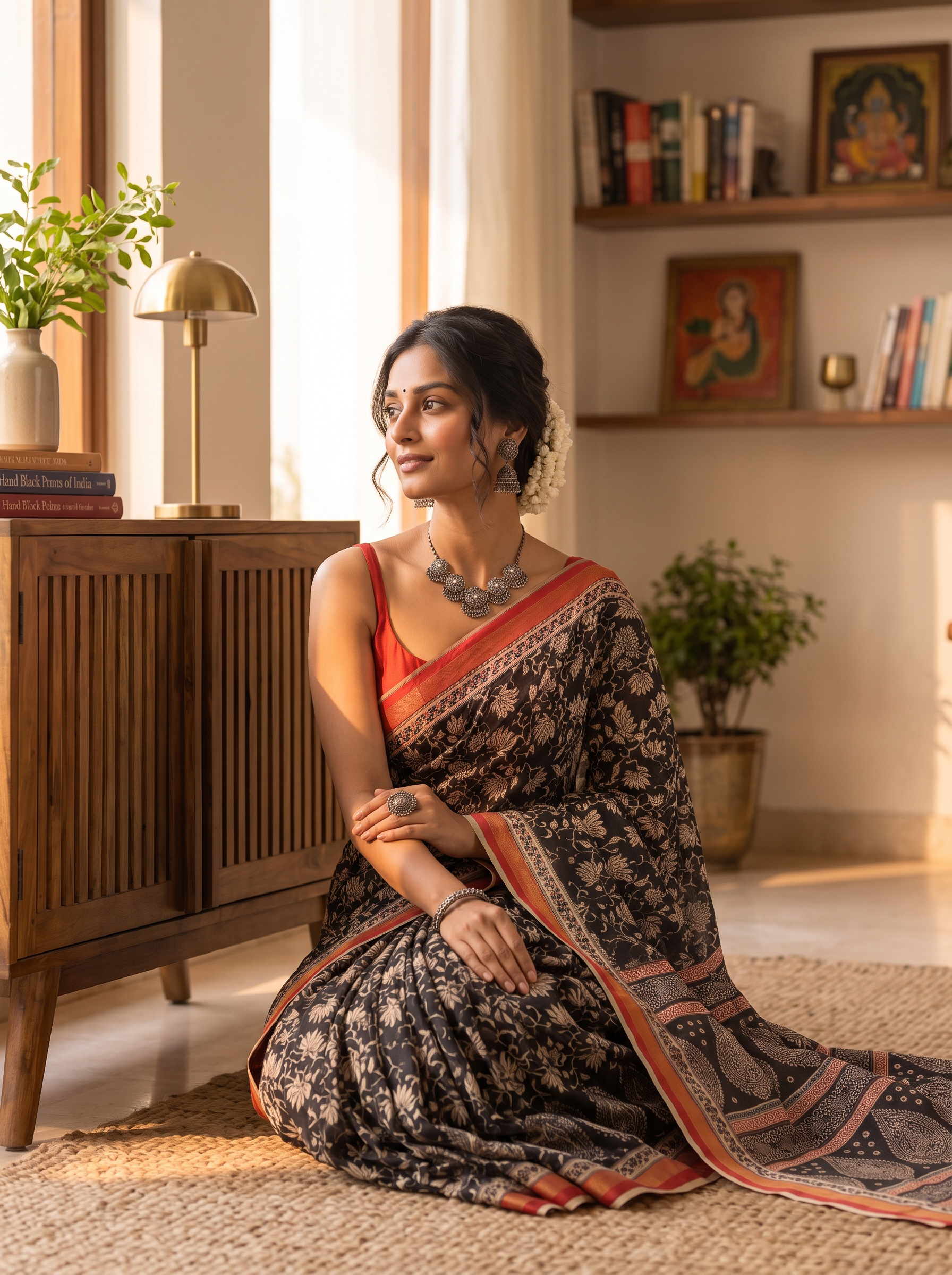Black Printed Muslin Cotton Saree