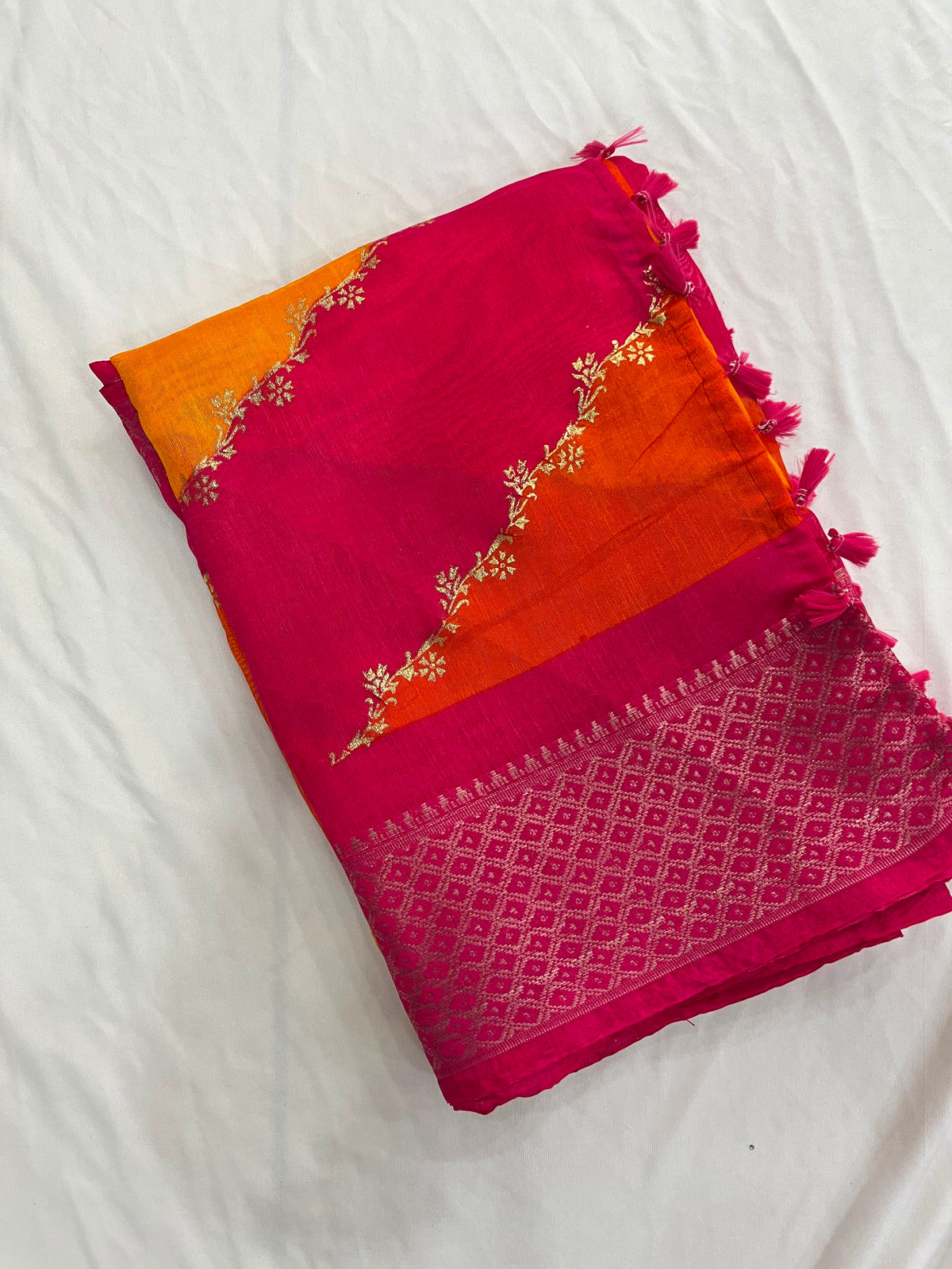 Rani Pink & Sunset Yellow Leheriya Saree with Woven Zari Border