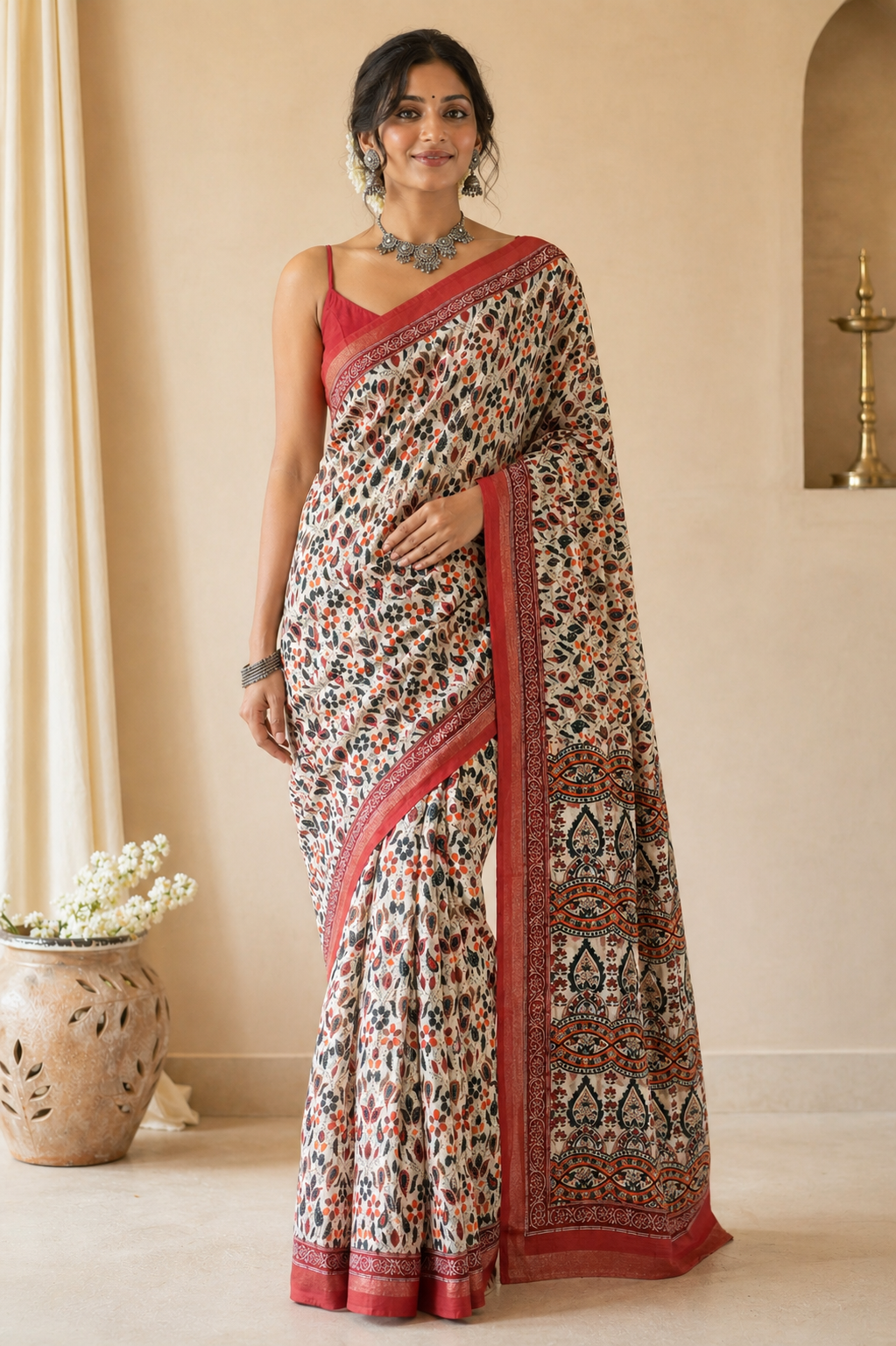 Beige and Rust Kalamkari Printed Cotton Saree