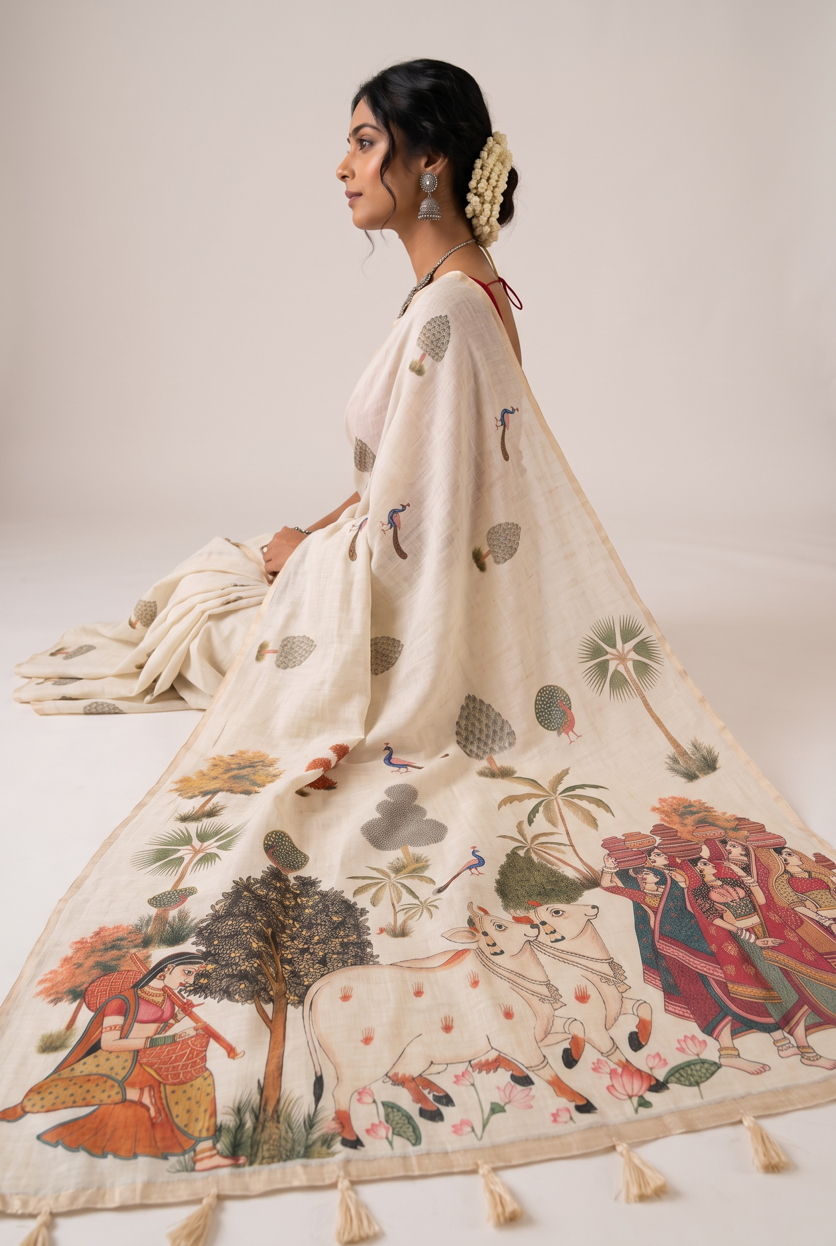 Beige Printed Cotton Linen Saree
