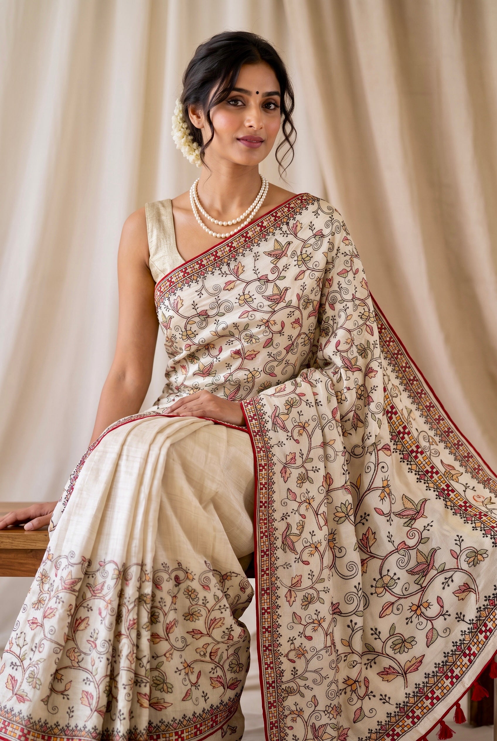 Beige Katha Work Cotton Saree