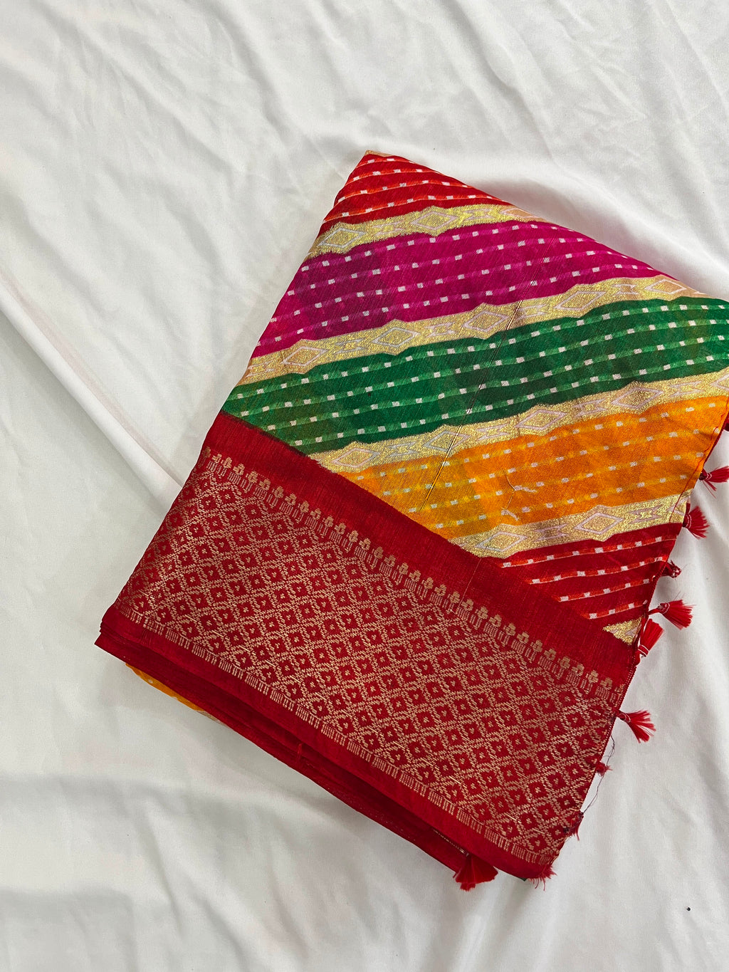 Multicolor Leheriya Saree with Woven Zari Border & Tassels