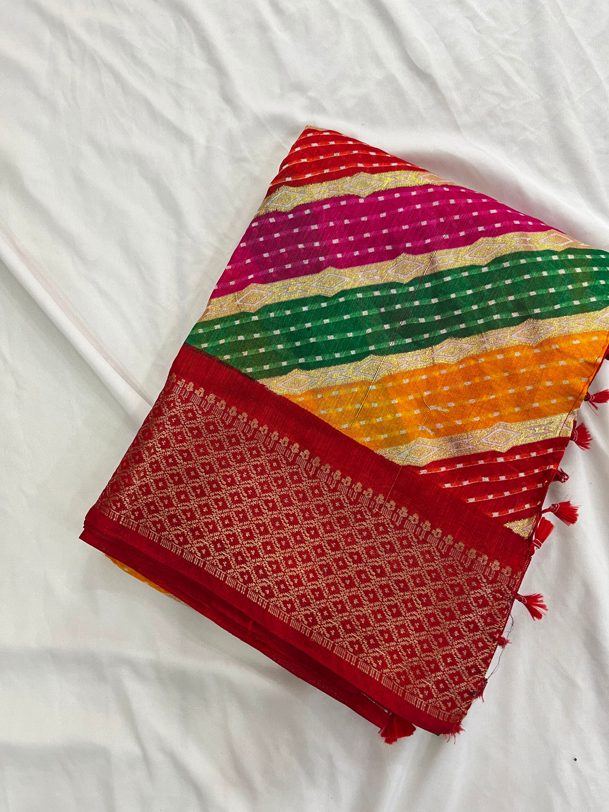 Multicolor Leheriya Saree with Woven Zari Border & Tassels