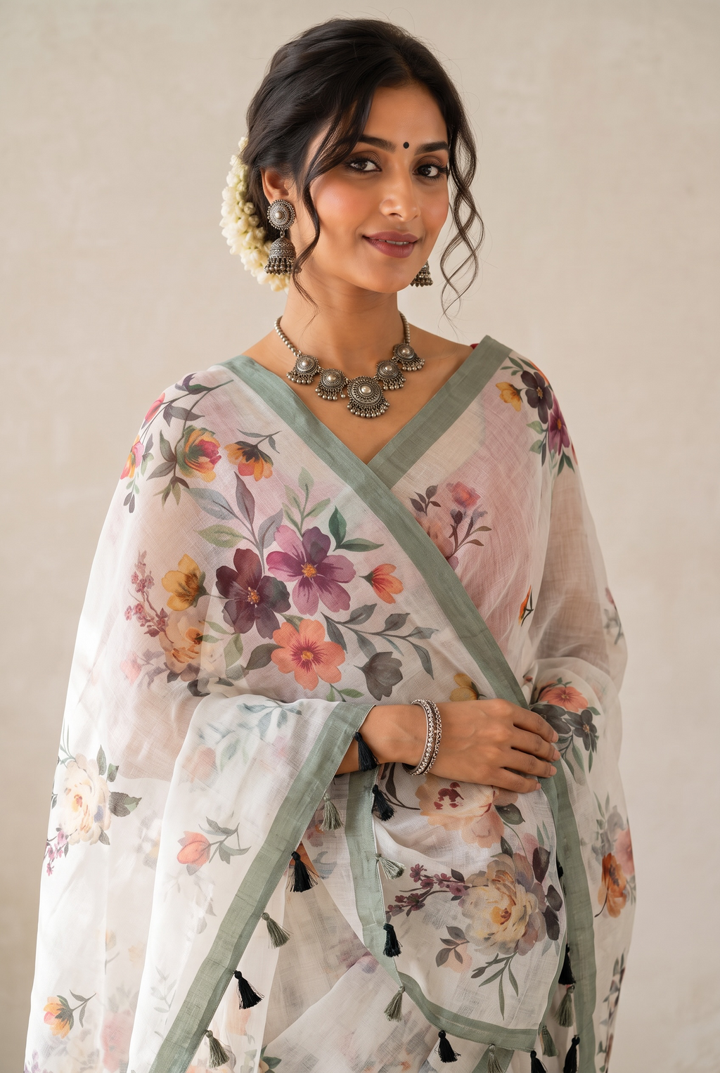 Ivory Bloom: Sheer Floral Organza Saree