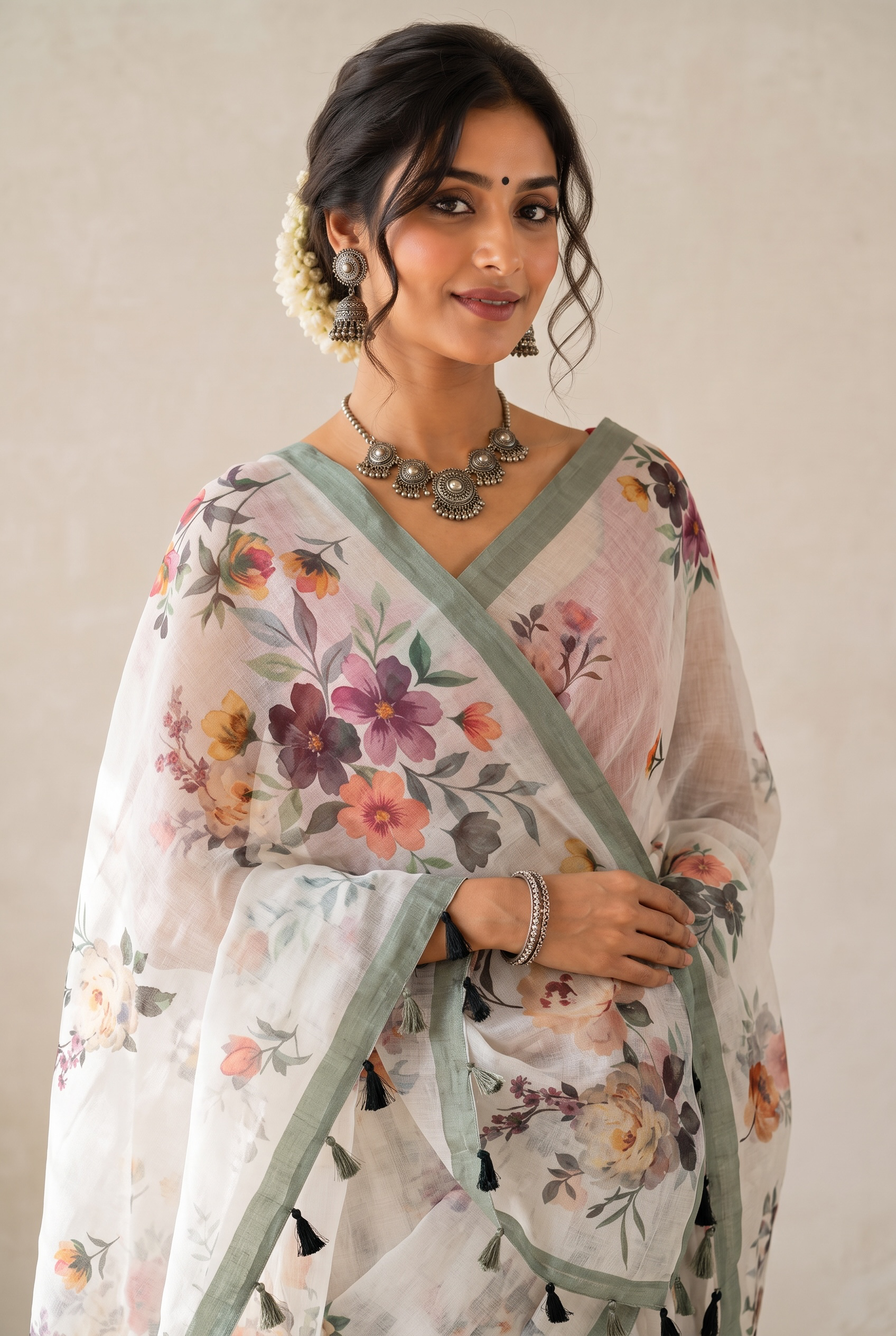 Ivory Bloom: Sheer Floral Organza Saree
