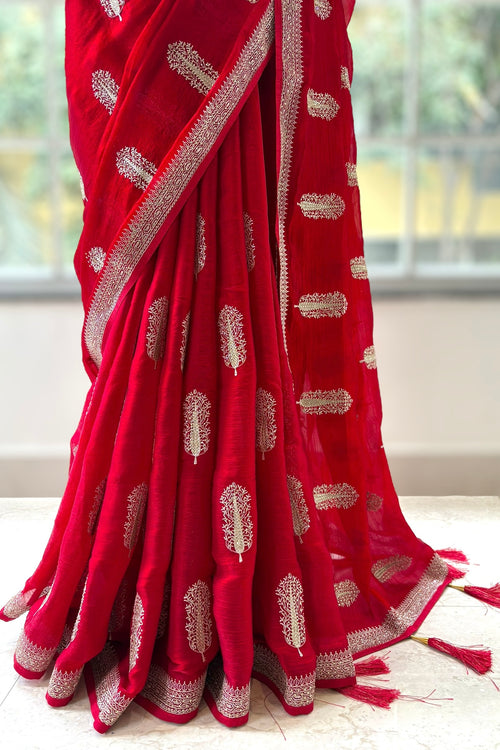 Crimson Red Zari Embroidered Silk Georgette Saree