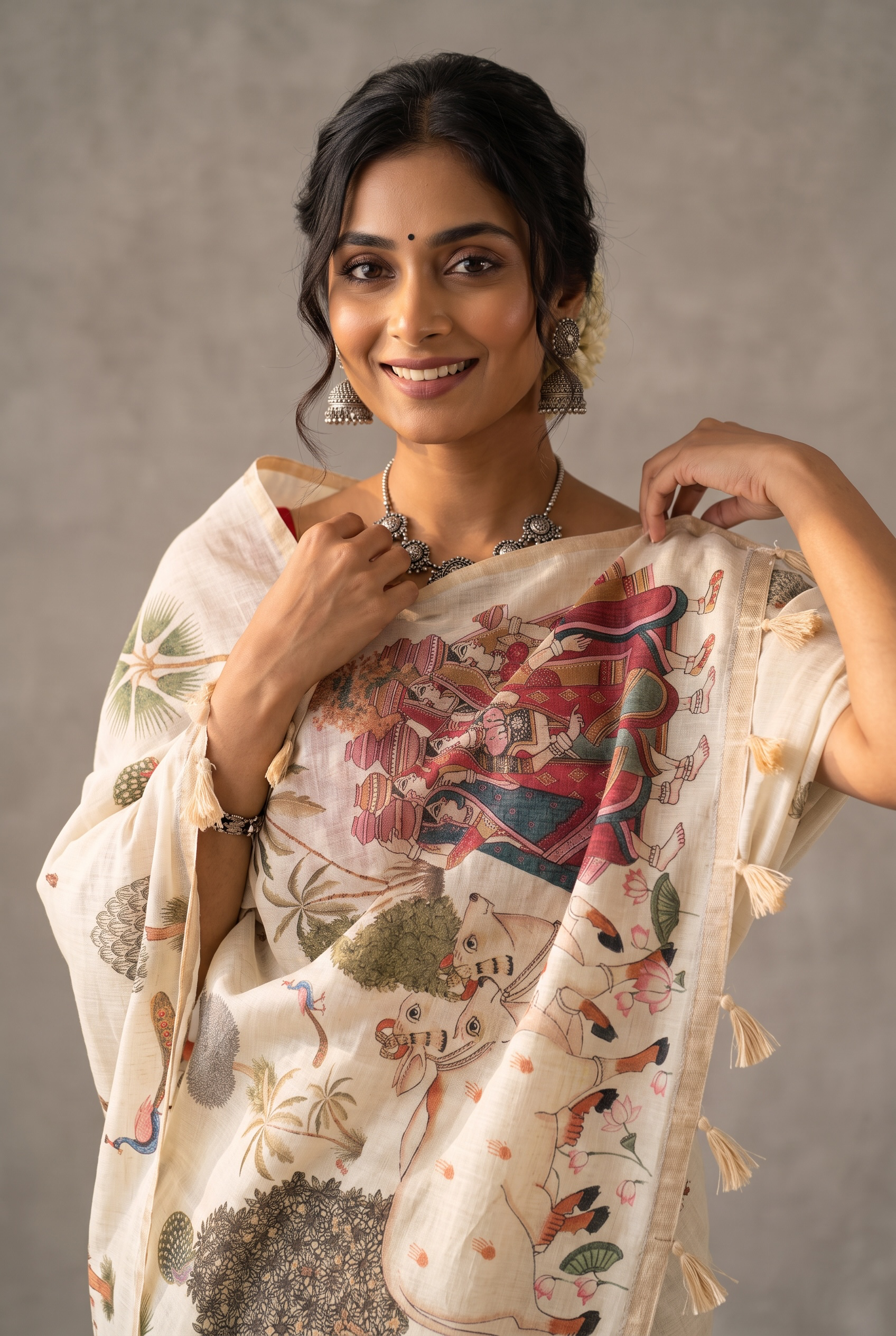 Beige Printed Cotton Linen Saree