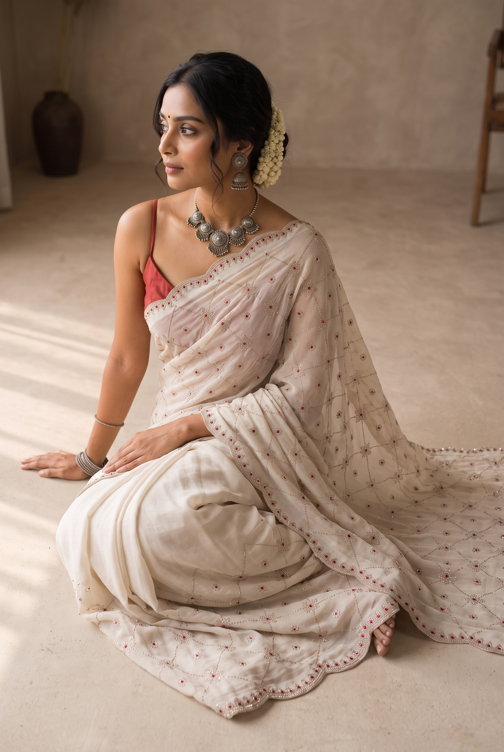 Beige Sheer Organza Saree with Crystal Cutwork Border & Ruby Accents