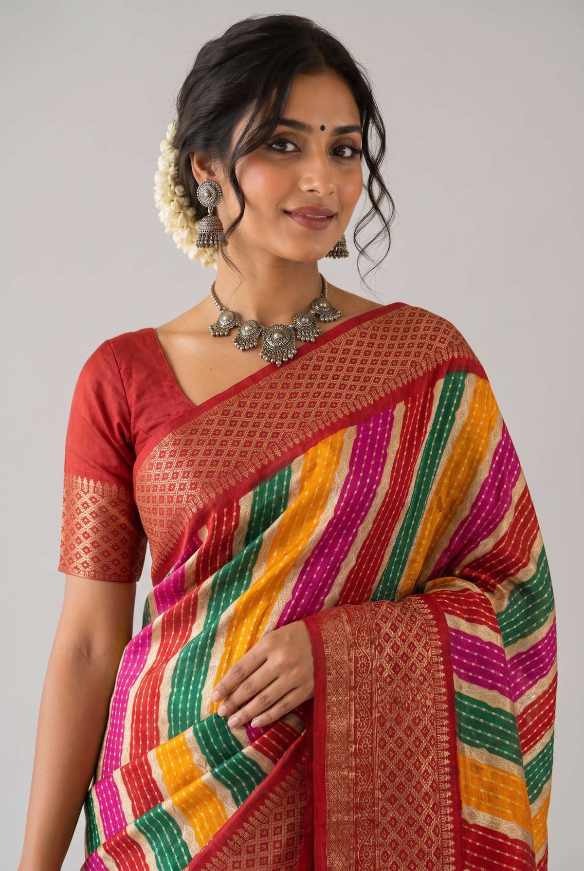 Multicolor Leheriya Saree with Woven Zari Border & Tassels