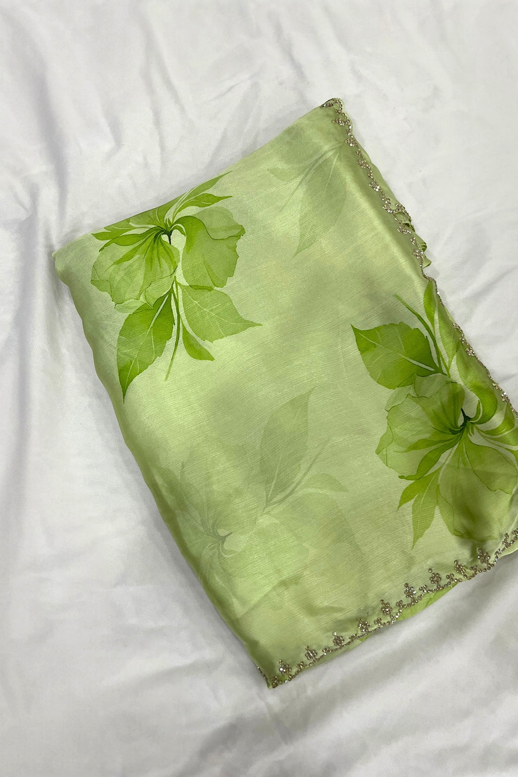Sage Green Printed Floral Organza Saree with Embroidered Peacock Blouse