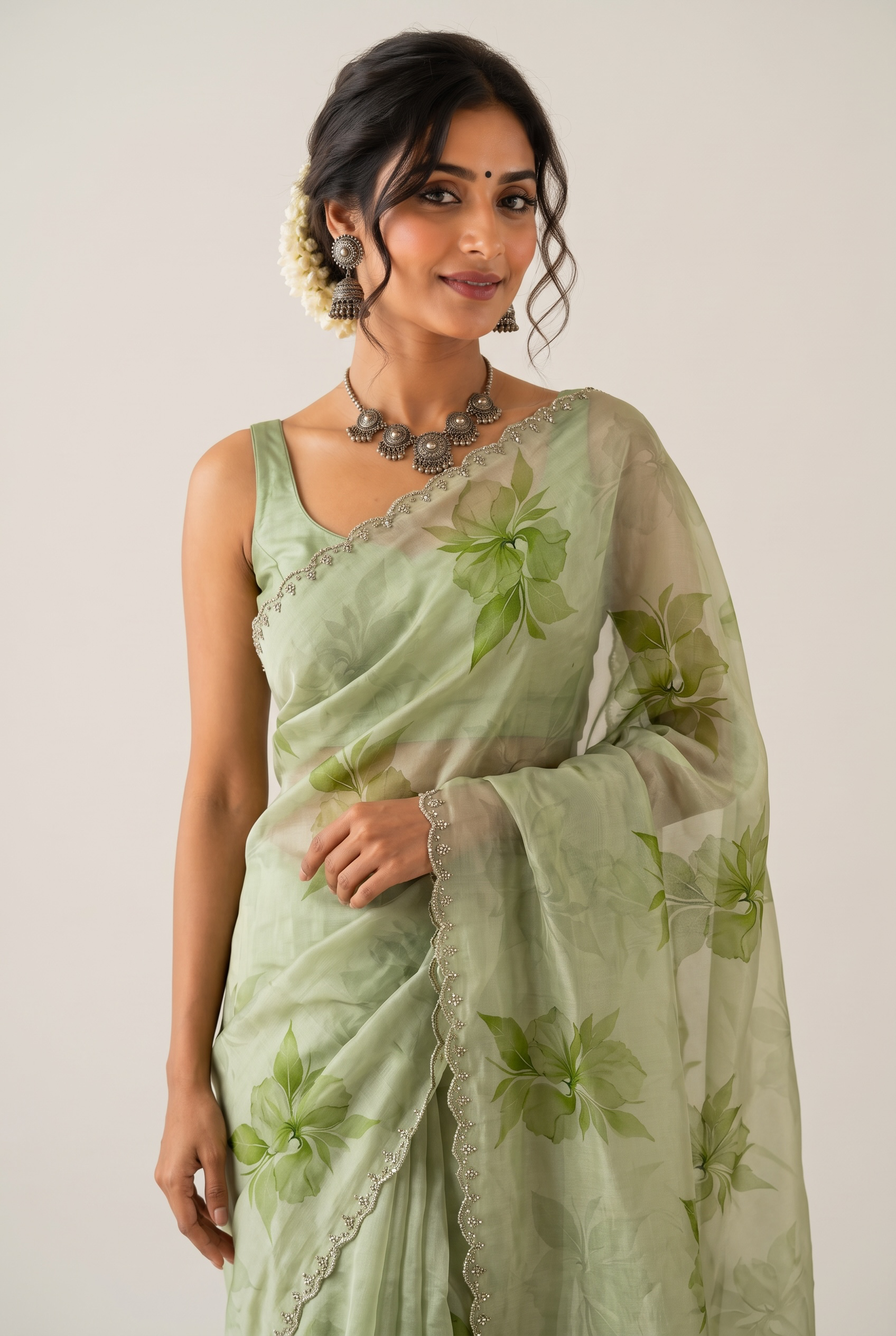 Sage Green Printed Floral Organza Saree with Embroidered Peacock Blouse