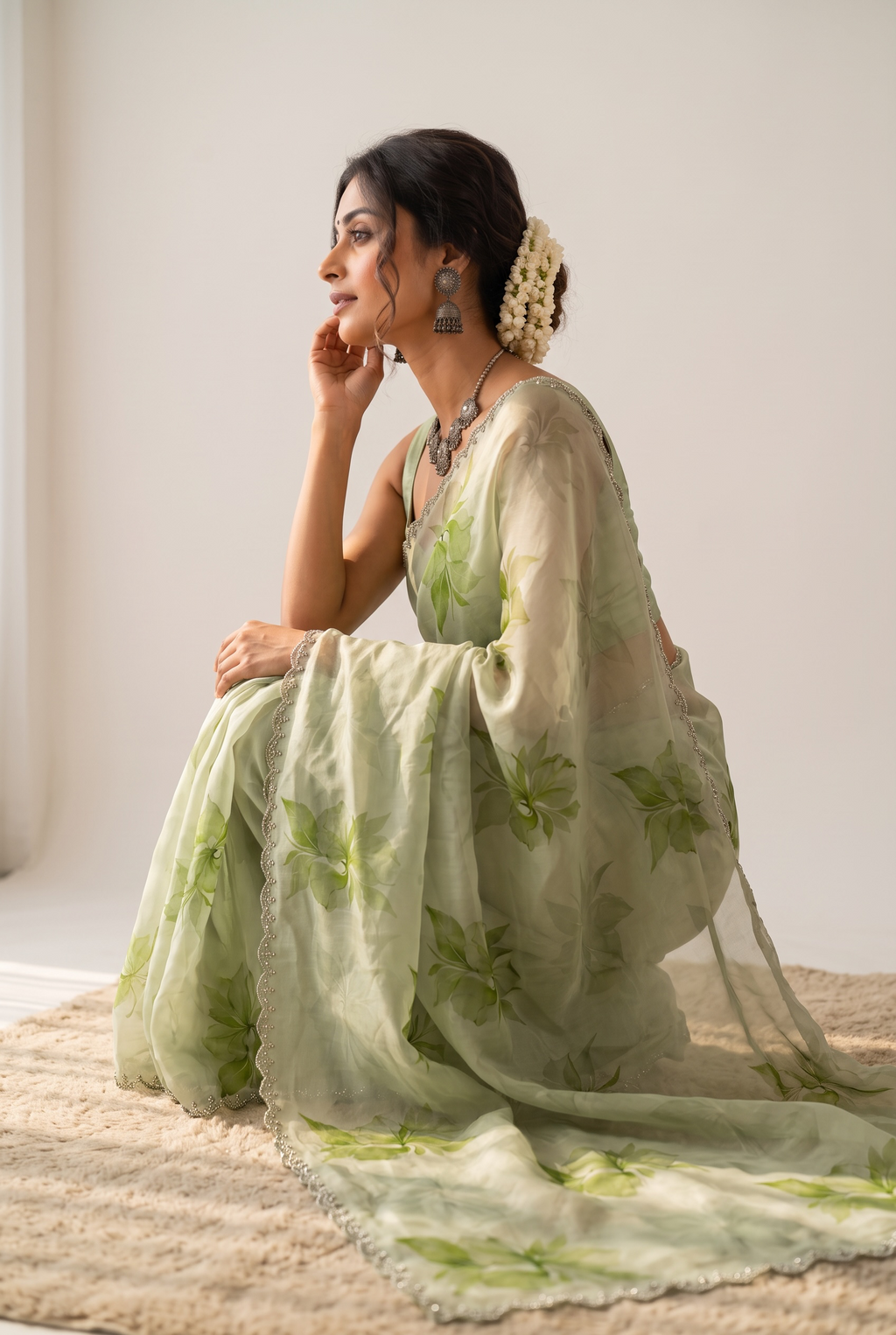 Sage Green Printed Floral Organza Saree with Embroidered Peacock Blouse