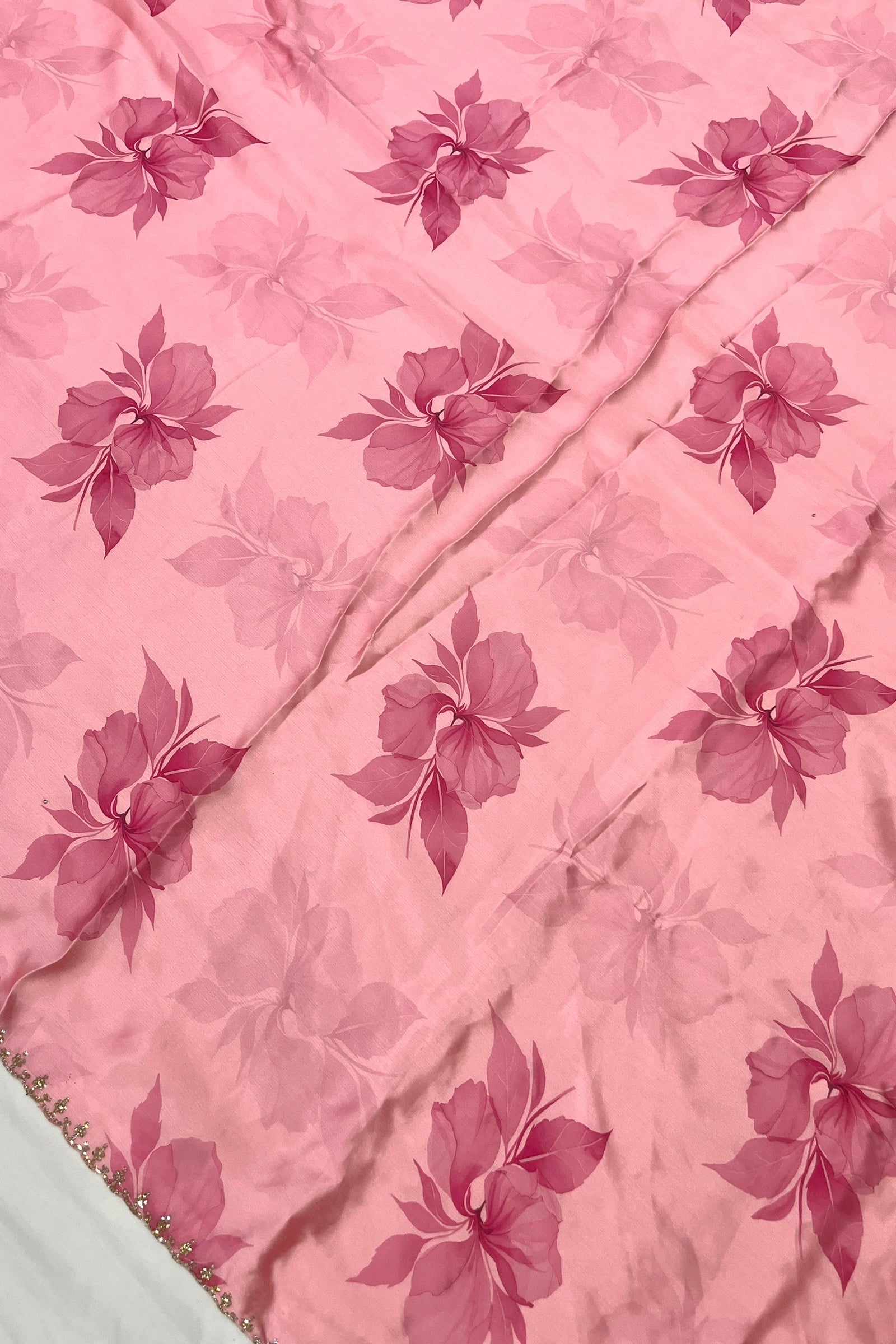 Soft Pink Floral print Organza Saree with Embroidered Peacock Blouse