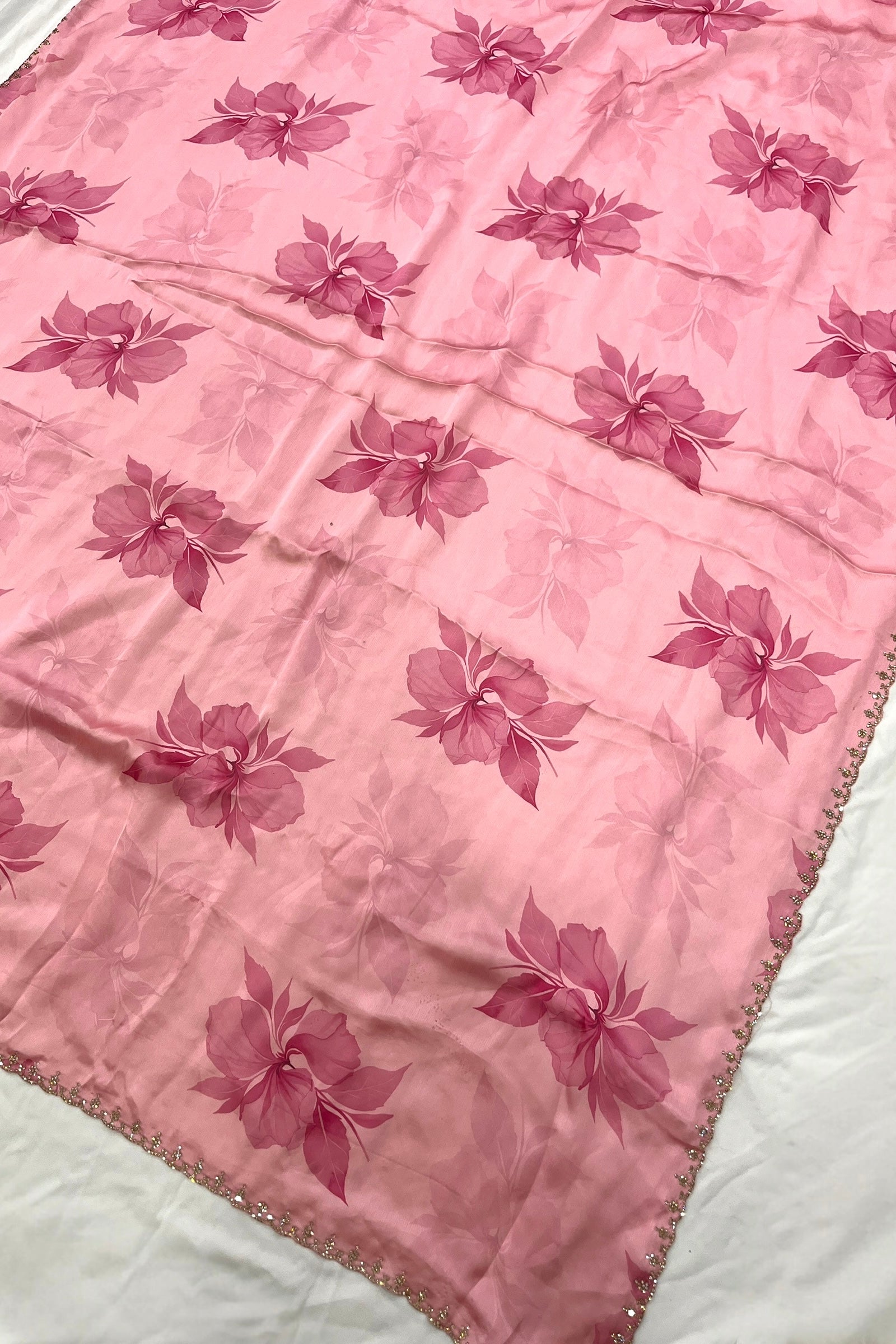 Soft Pink Floral print Organza Saree with Embroidered Peacock Blouse