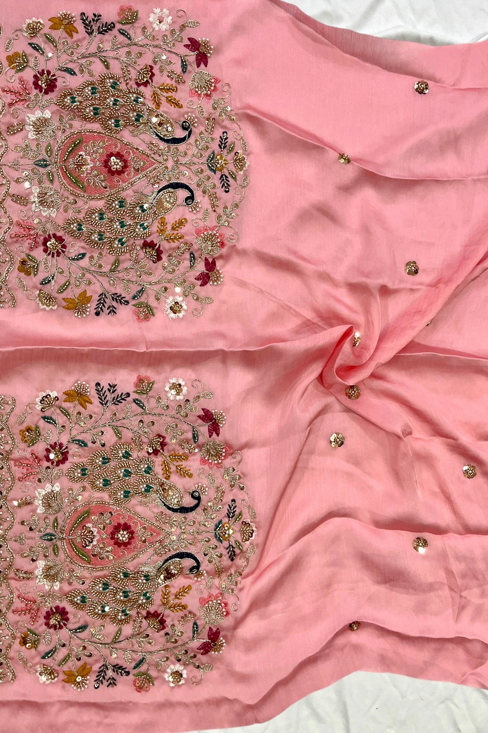 Soft Pink Floral print Organza Saree with Embroidered Peacock Blouse